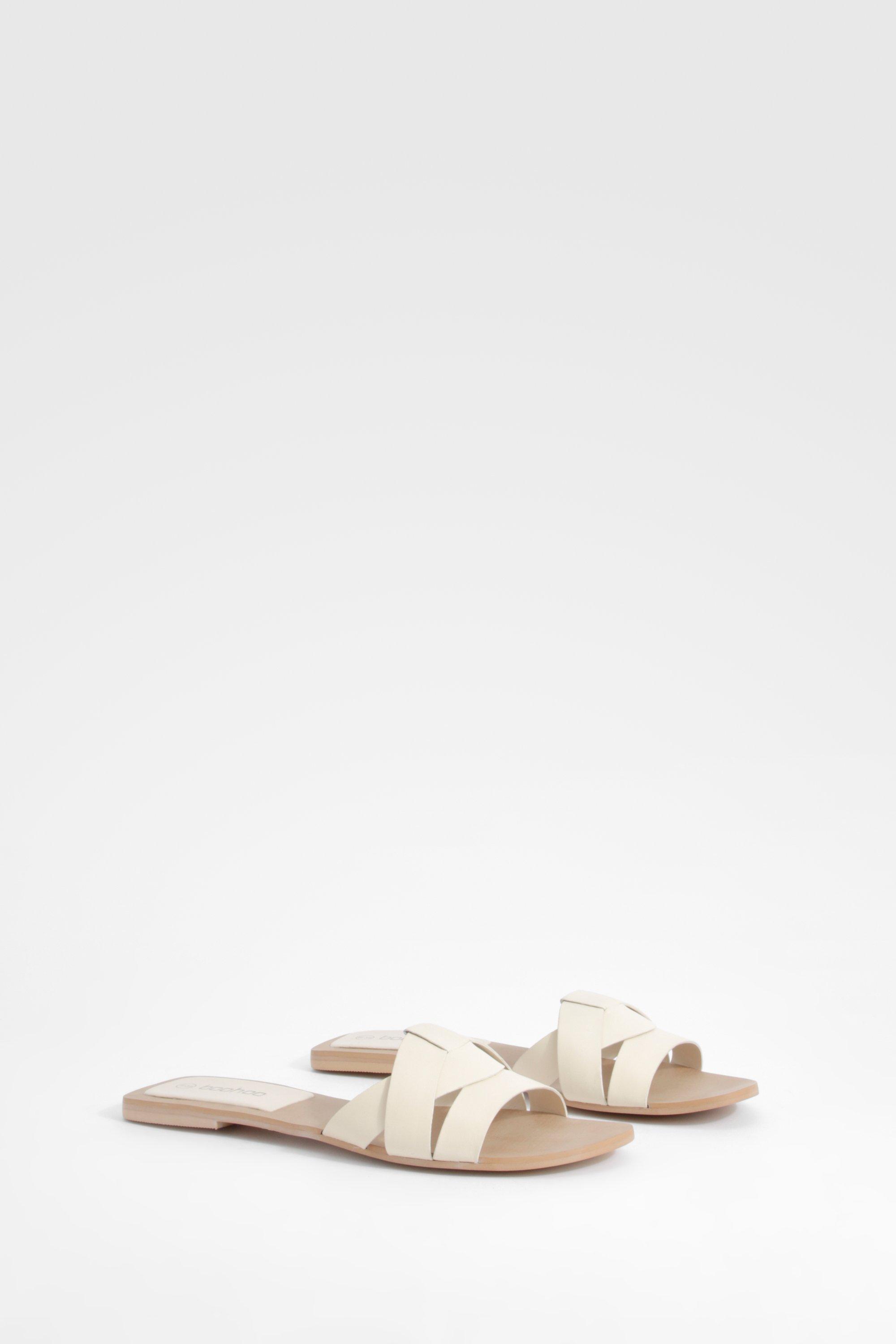 Boohoo Geweven Leren Sandalen, Cream