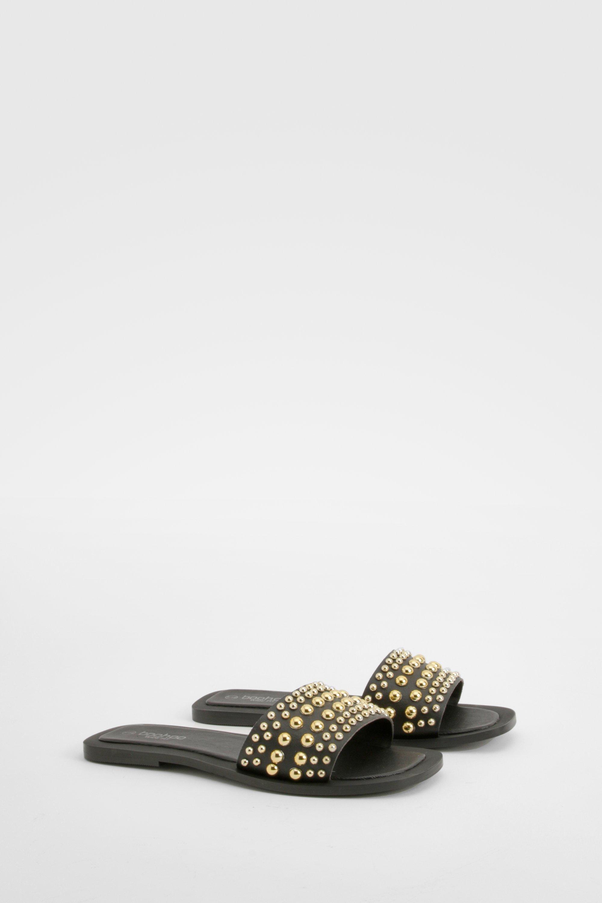Image of Wide Fit Leather Studded Mules, Nero