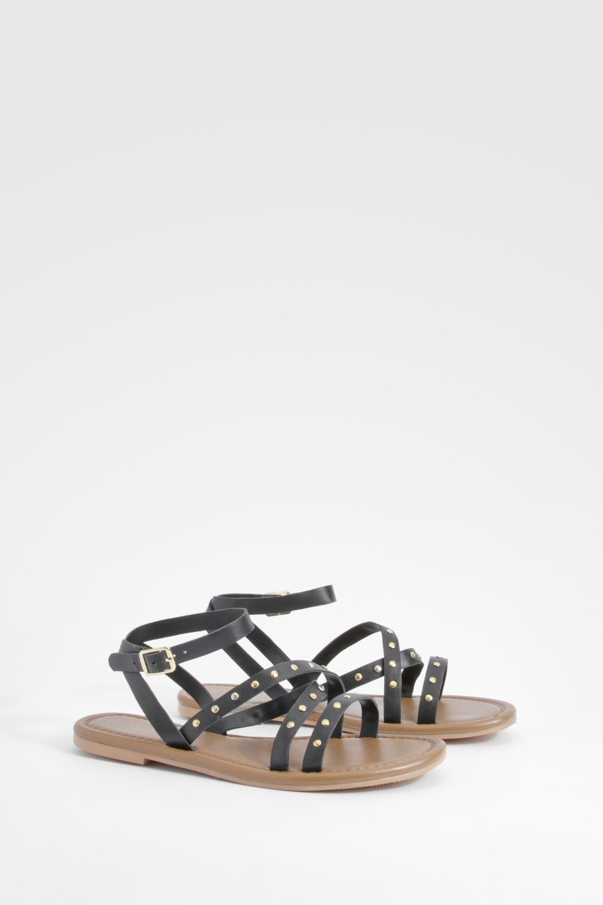 Image of Wide Fit Leather Studded 2 Part Sandals, Nero