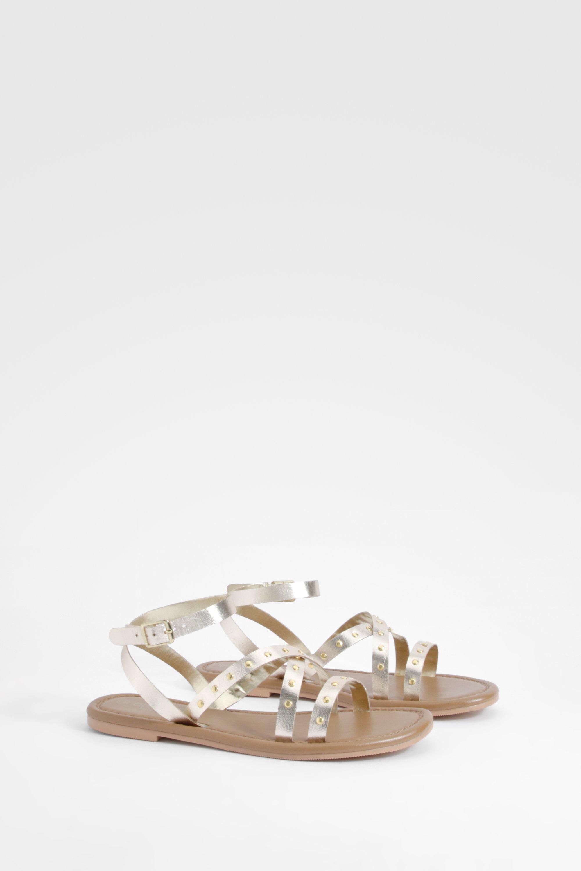 Image of Wide Fit Leather Studded 2 Part Sandals, Metallics