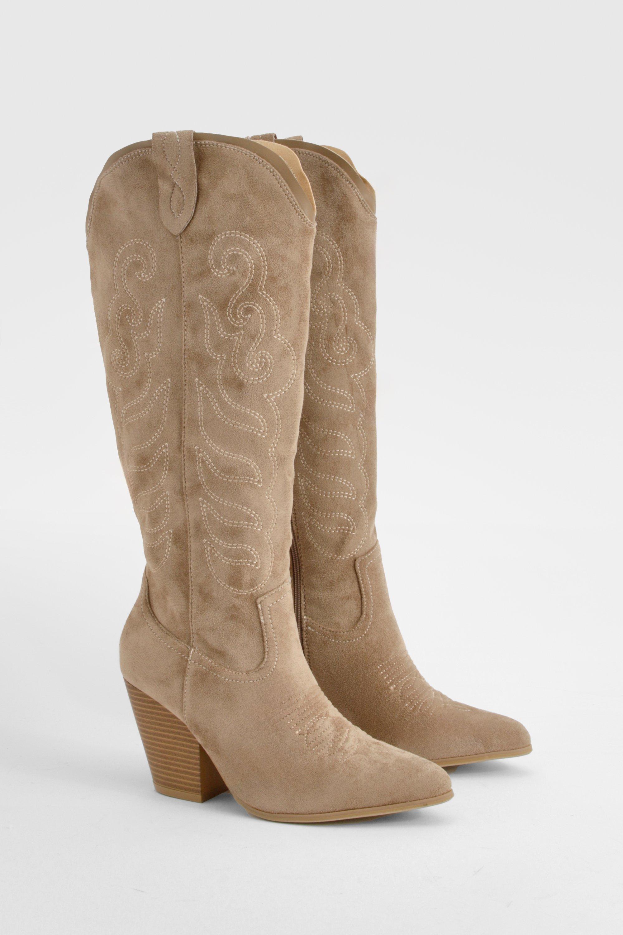 Boohoo Embroidered Knee High Western Cowboy Boots, Taupe