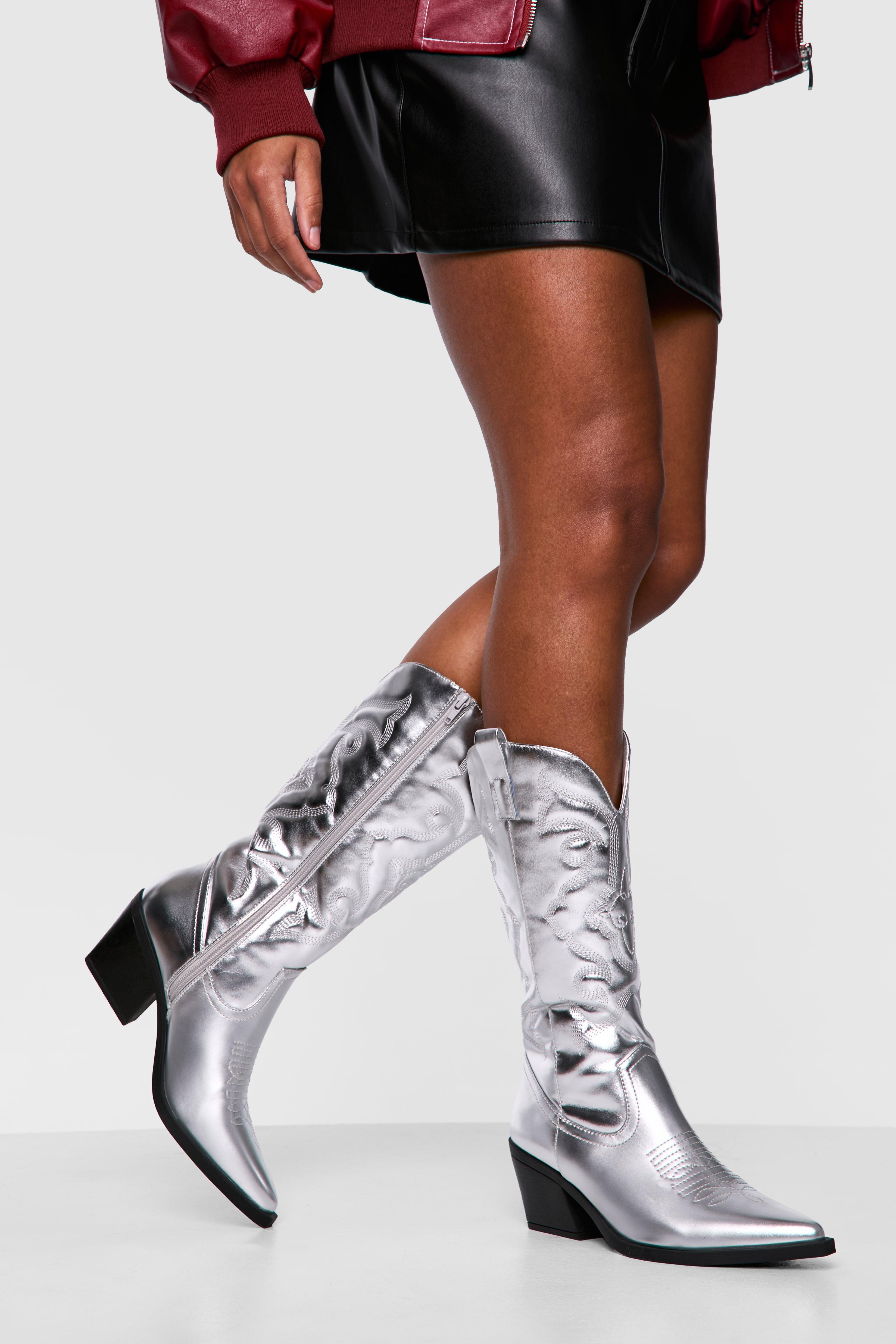 Boohoo Geborduurde Metallic Pu Cowboylaarzen, Silver