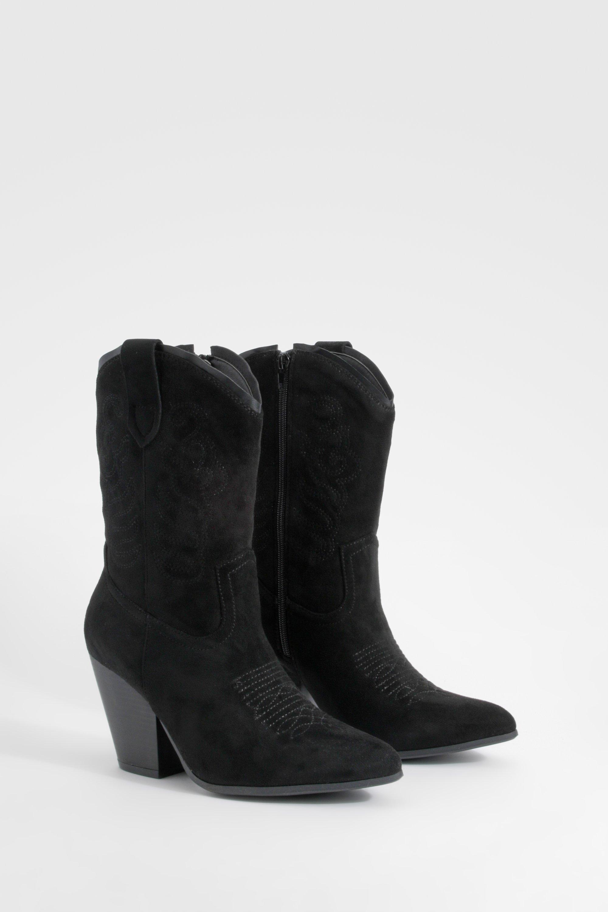 Image of Tab Detail Calf High Western Cowboy Boots, Nero