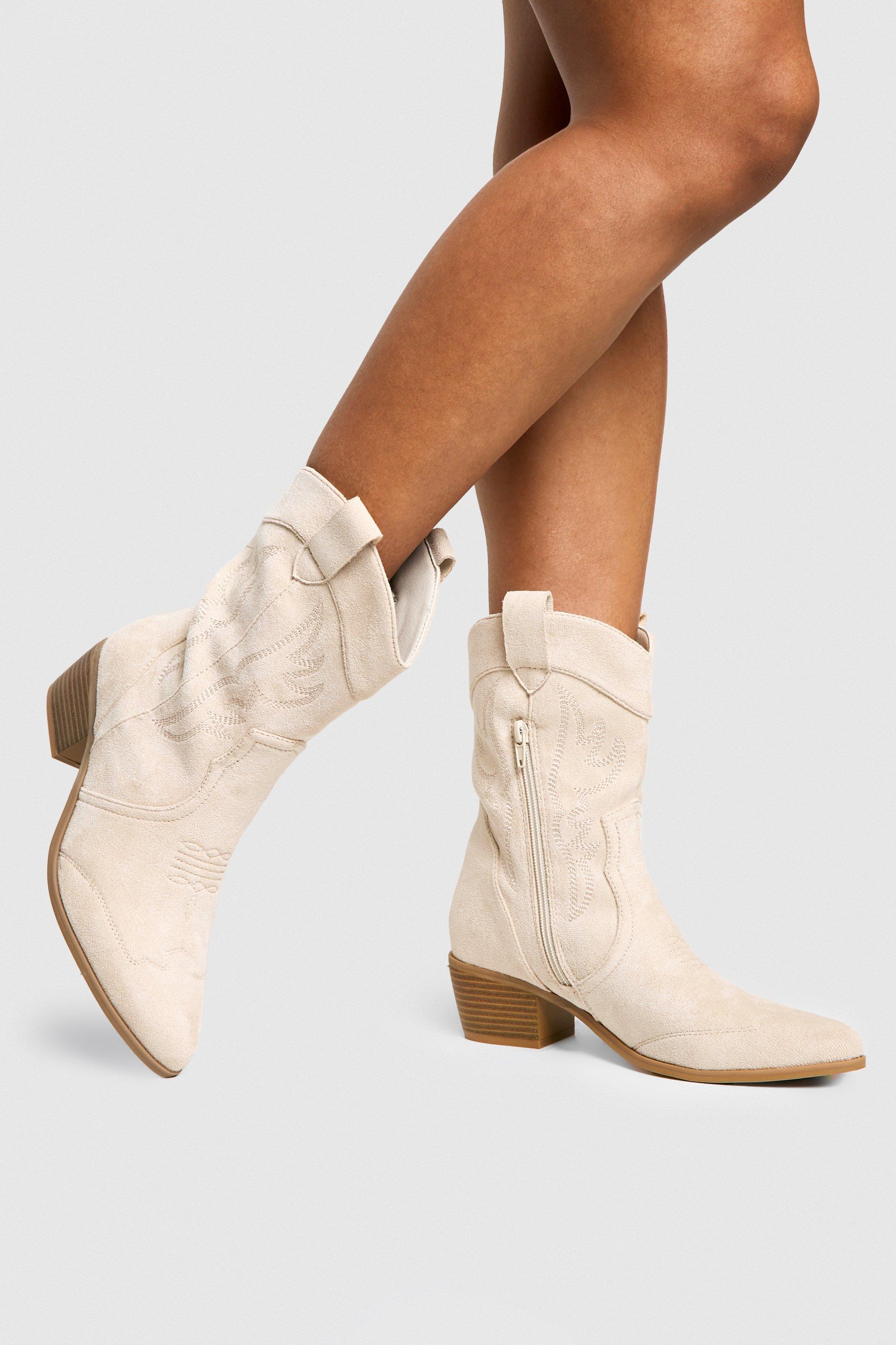 Womens Embroidered Western Ankle Cowboy Boots - Beige - 4, Beige