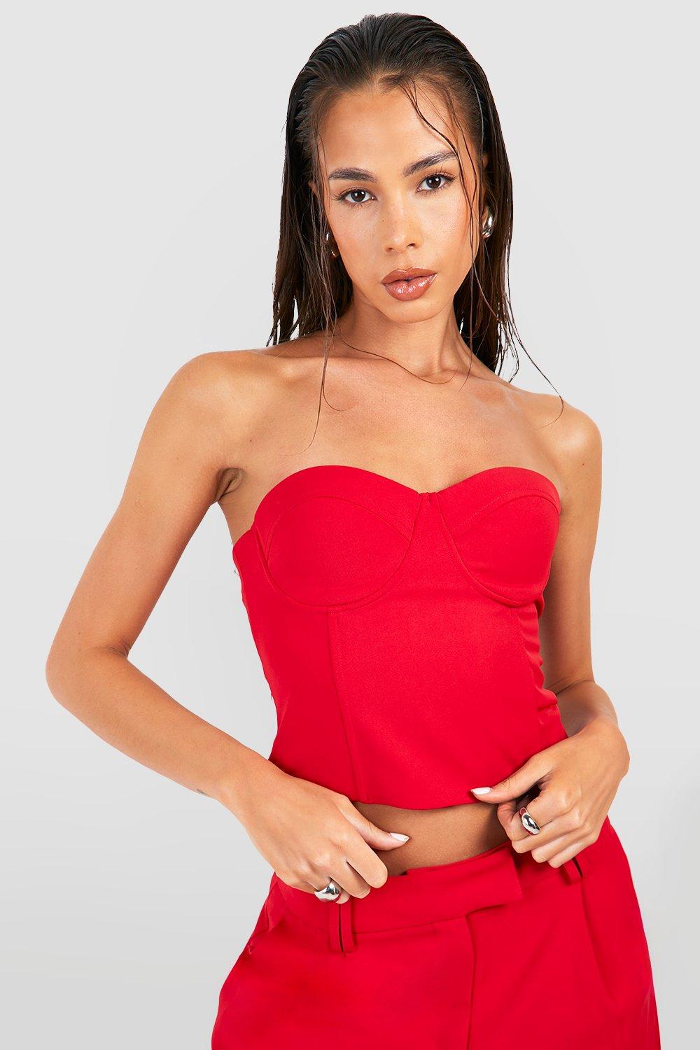 Boohoo Geweven Getailleerde Bandeau Top Met Harvormige Hals, Red