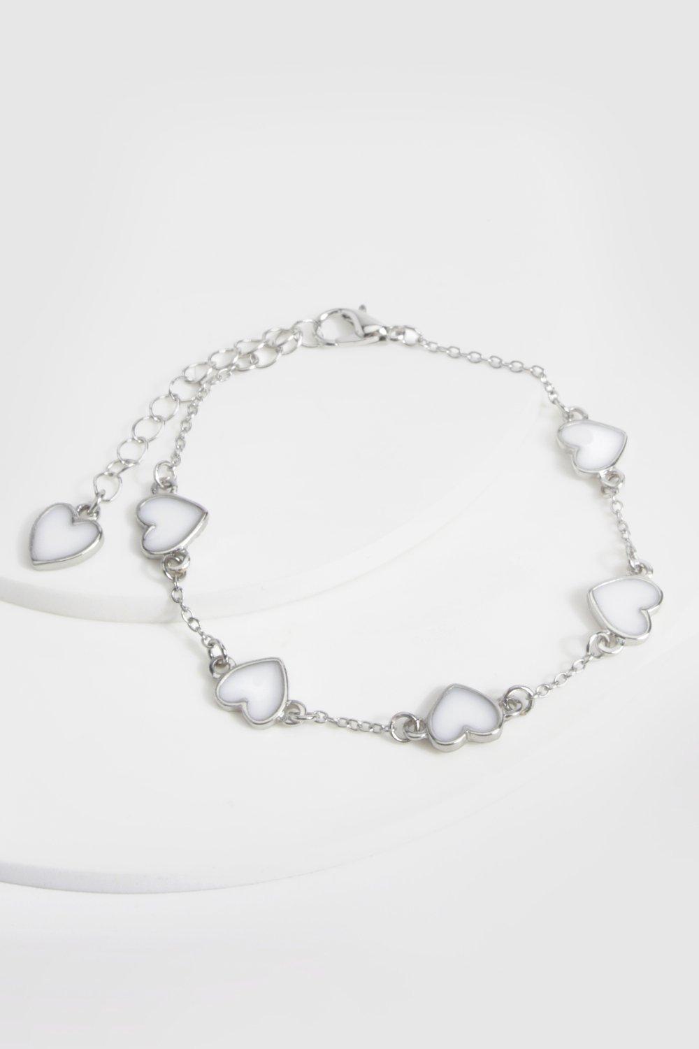 Womens Enamel Scattered Silver Heart Bracelet - Grey - One Size, Grey