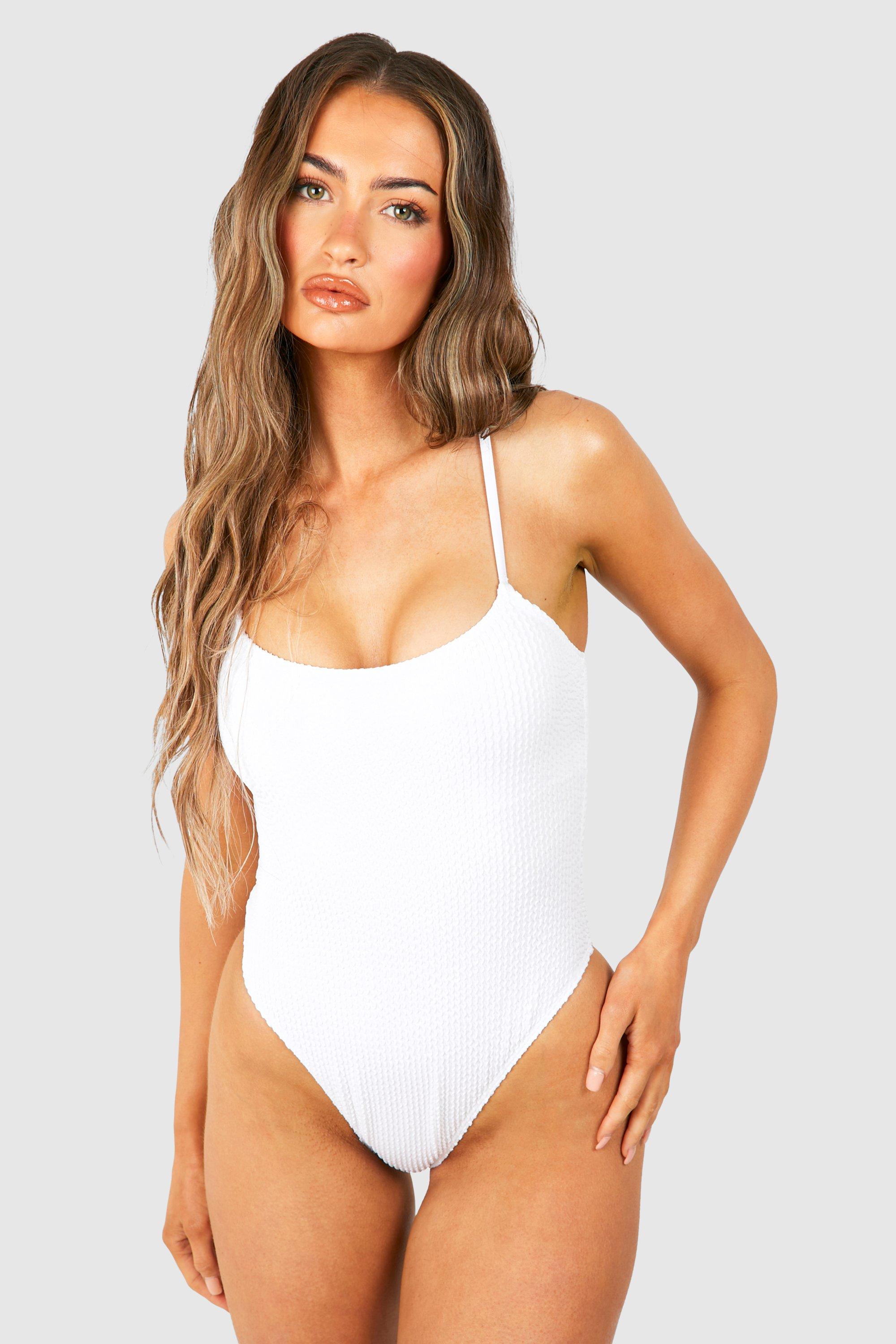 Womens Crinkle Spaghetti Straps Swimsuit - White - 12, White