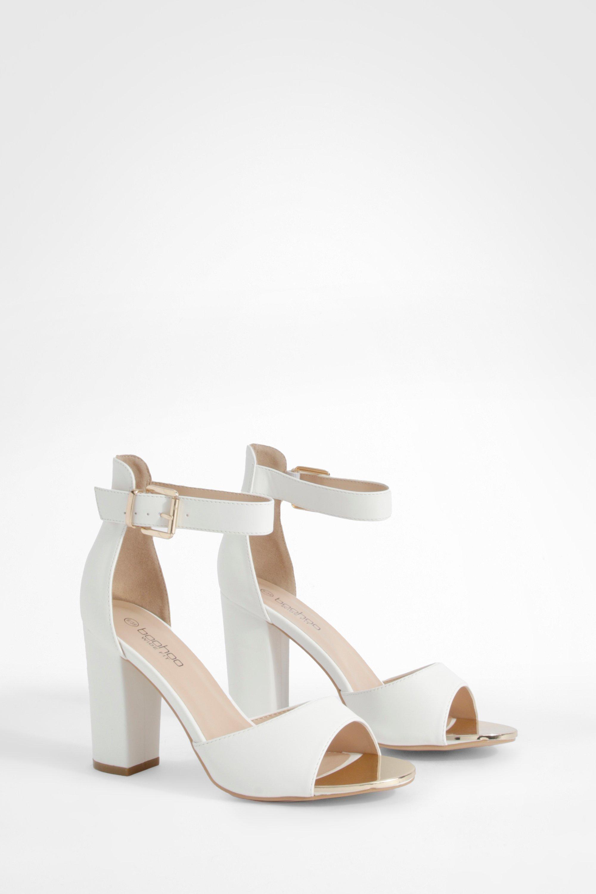 Image of Scarpe a calzata ampia in due parti con fibbia, tacco a blocco e tacco a blocco color sabbia, Bianco