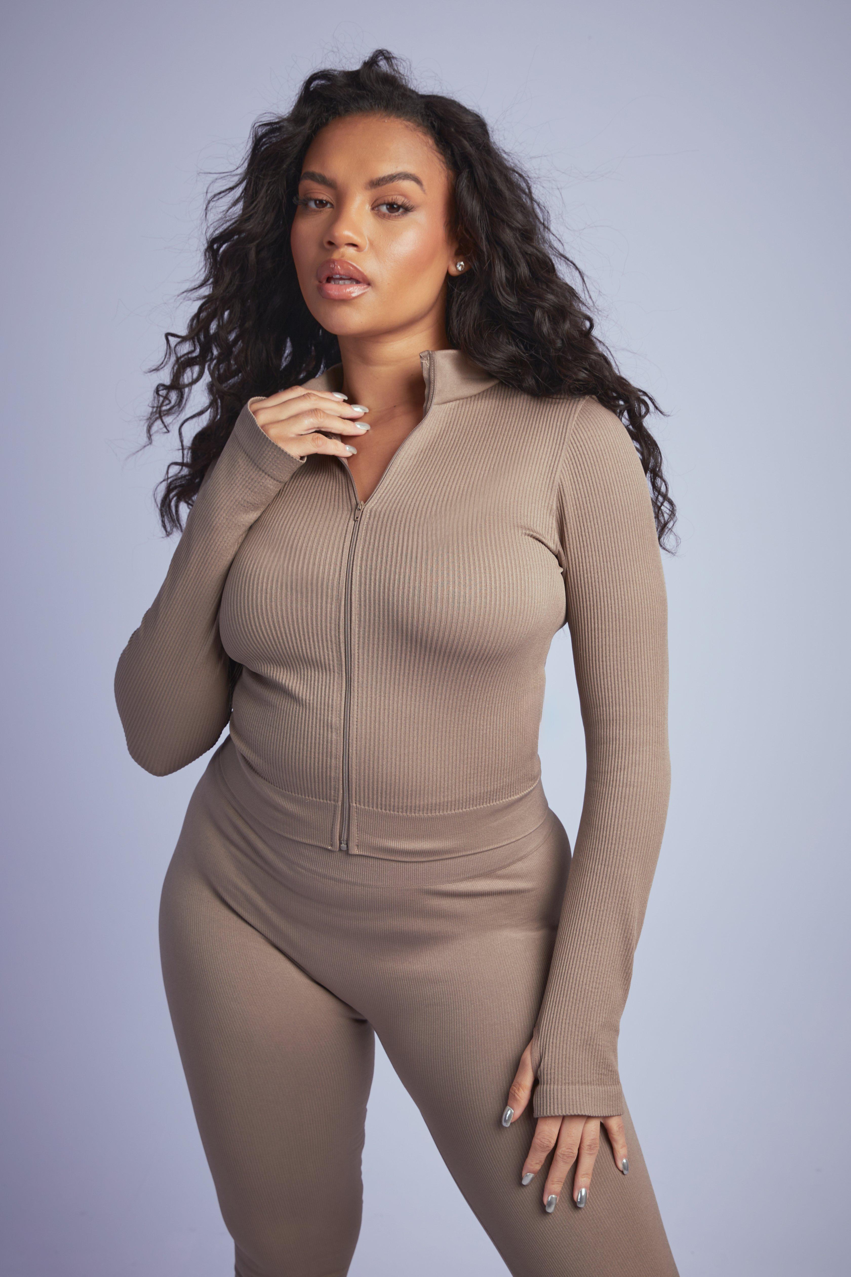 Image of Giacca Plus Size a coste senza cuciture con zip, Beige