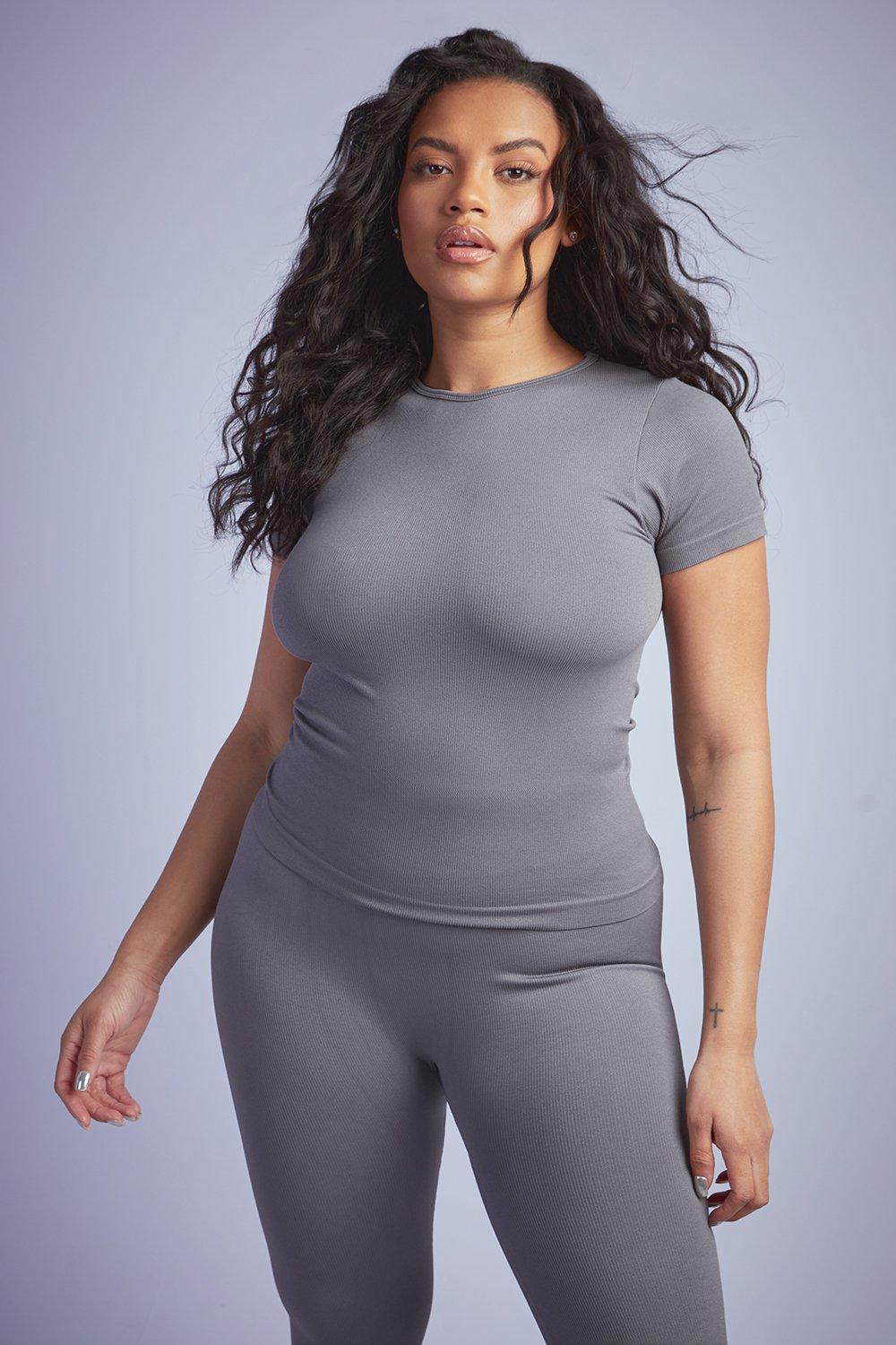 Womens Plus Seamless Rib Short Sleeve Top - Grey - 20-22, Grey