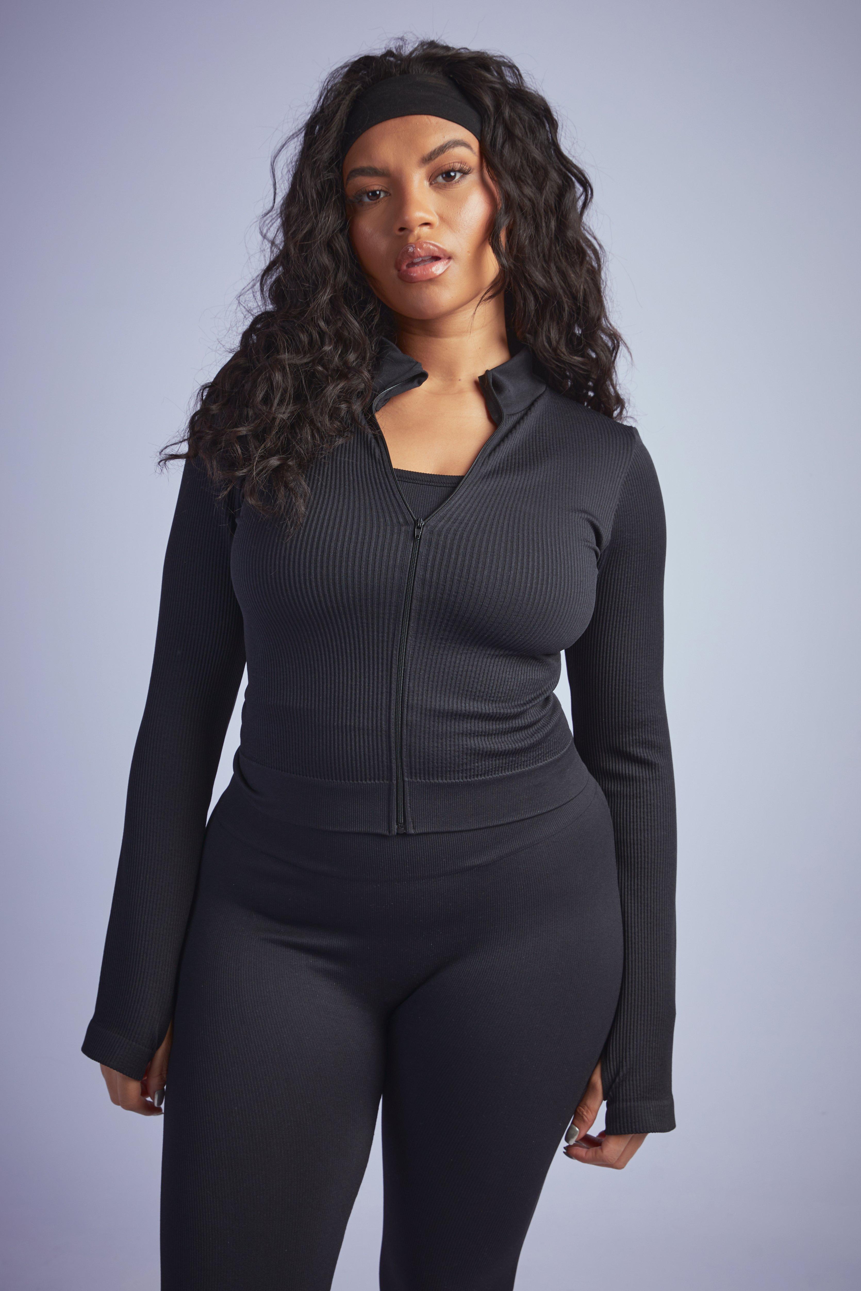 Image of Giacca Plus Size a coste senza cuciture con zip, Nero