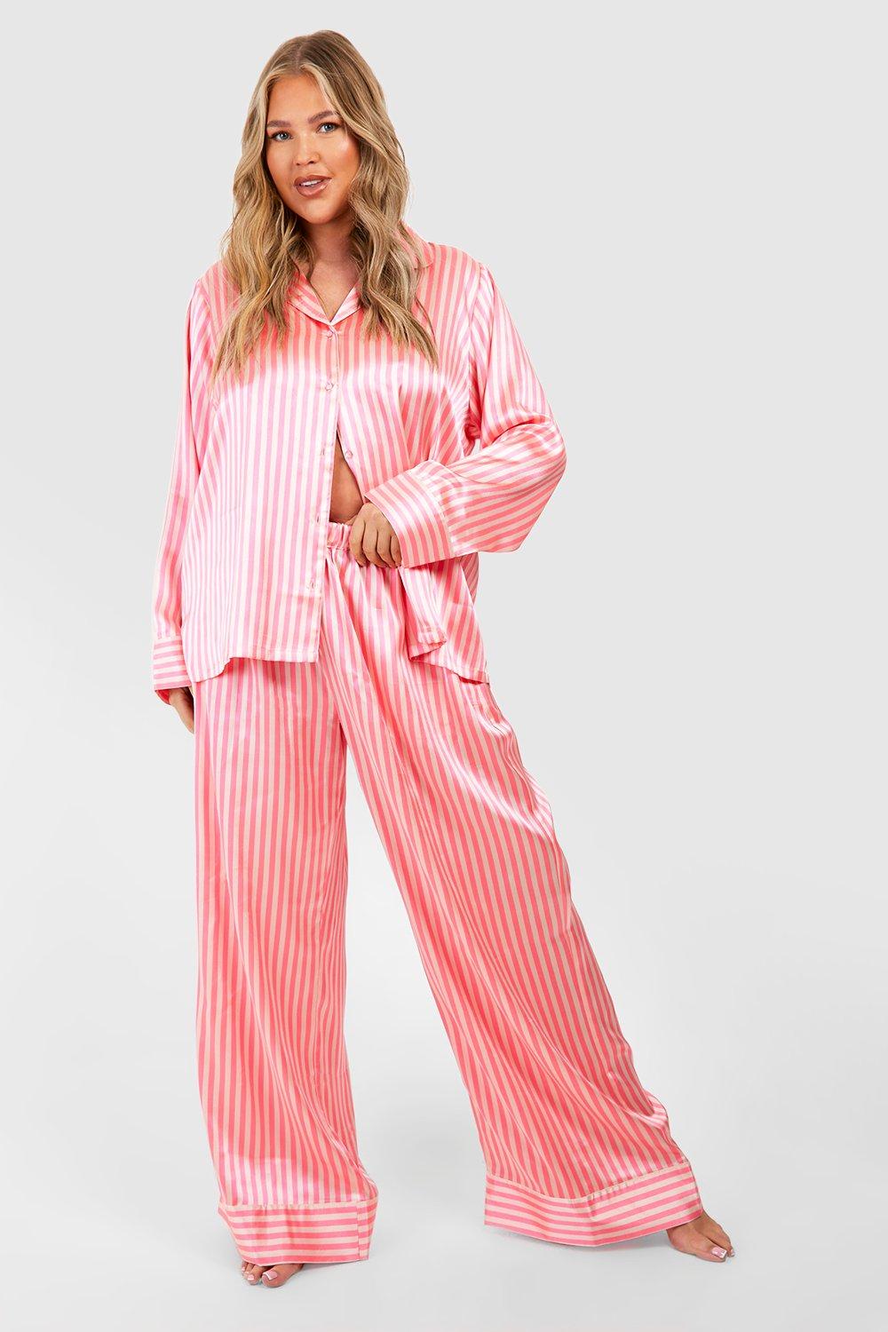 Image of Set pigiama Plus Size con pantaloni lunghi in raso a righe, Azzurro