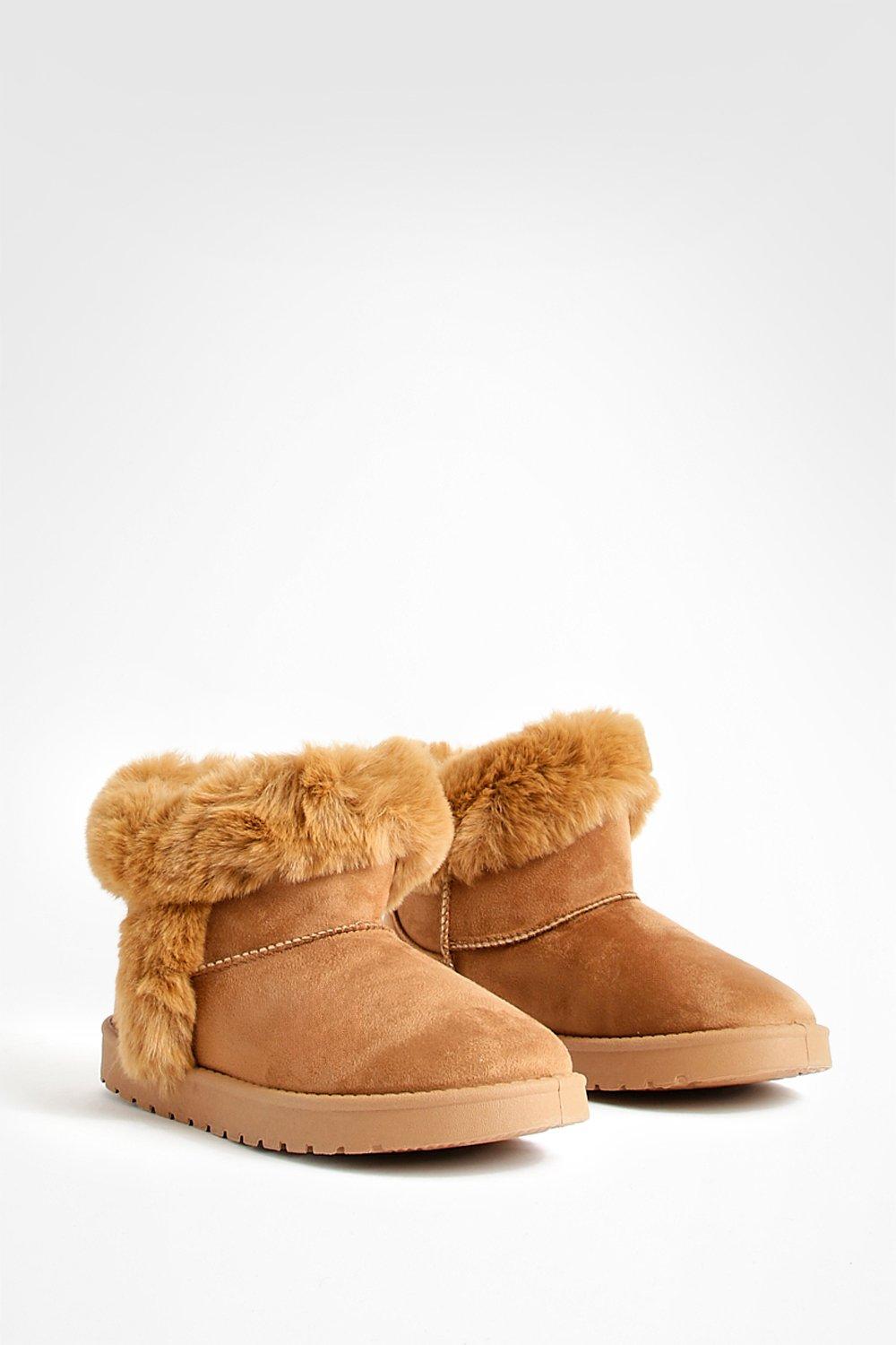 Womens Fur Trim Mini Cosy Boots - Beige - 3, Beige