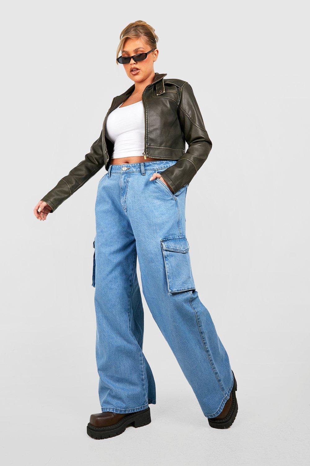 Image of Jeans Cargo Plus Size Basic a vita alta, Azzurro