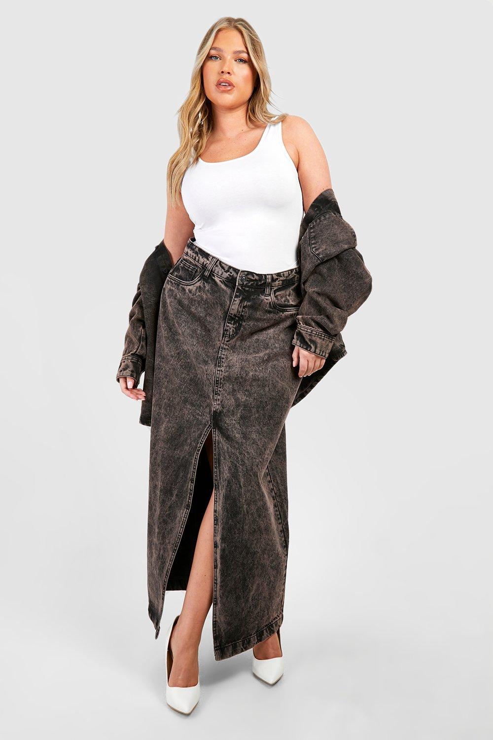 Image of Gonna maxi Plus Size Basic in denim con spacco frontale, Brown