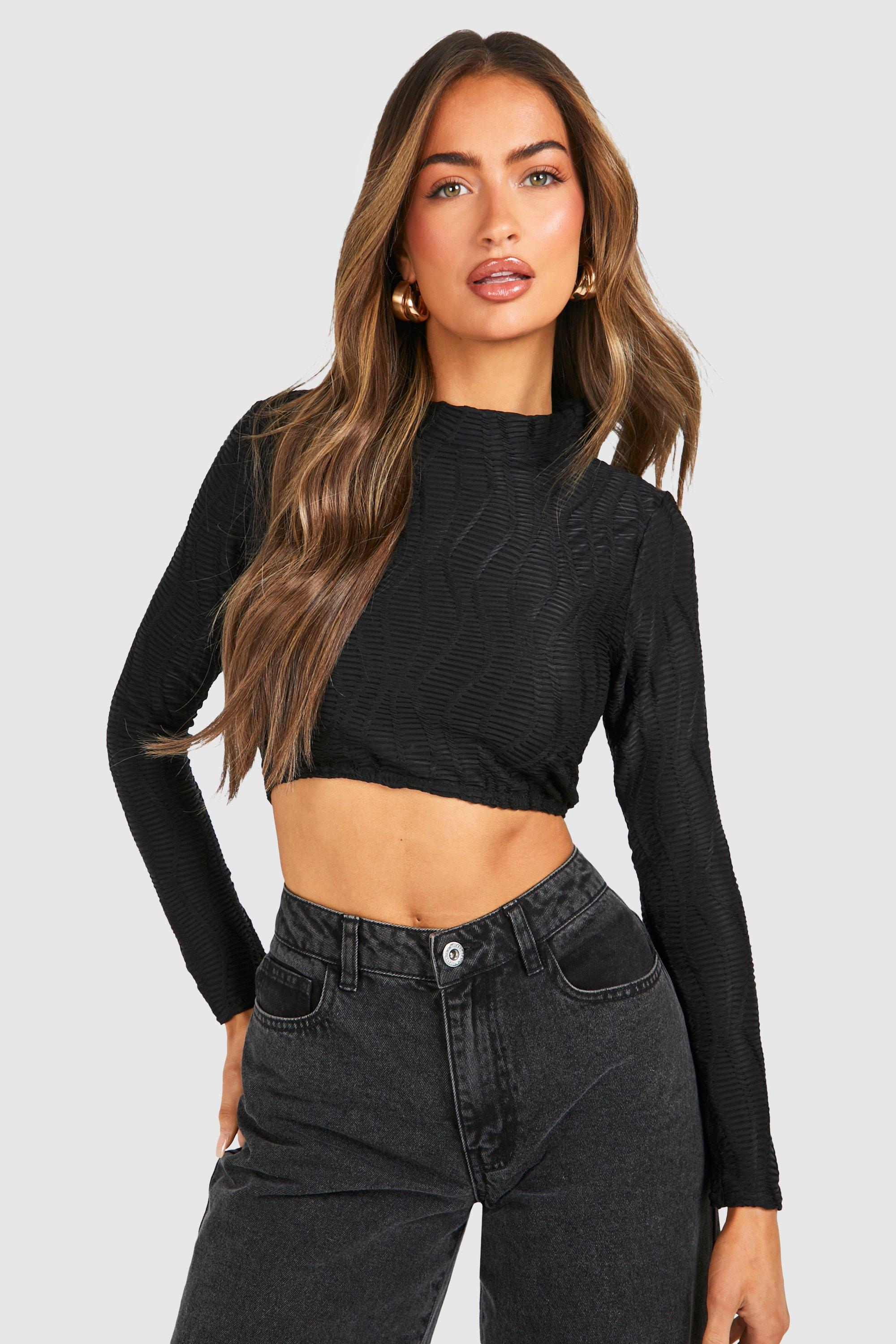 Boohoo Top Met Textuur, Hoge Hals En Lange Mouwen, Black