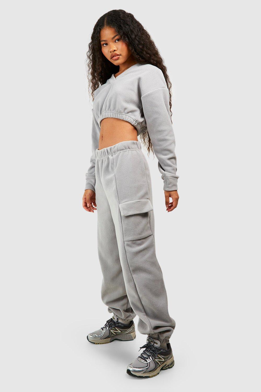 Womens Petite Fleece Cuffed Cargo Jogger - Grey - S, Grey