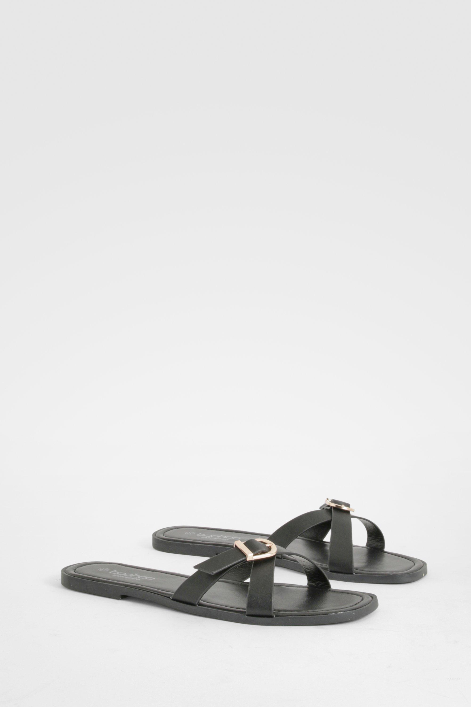 Womens Crossover Buckle Mule Sandals - Black - 4, Black