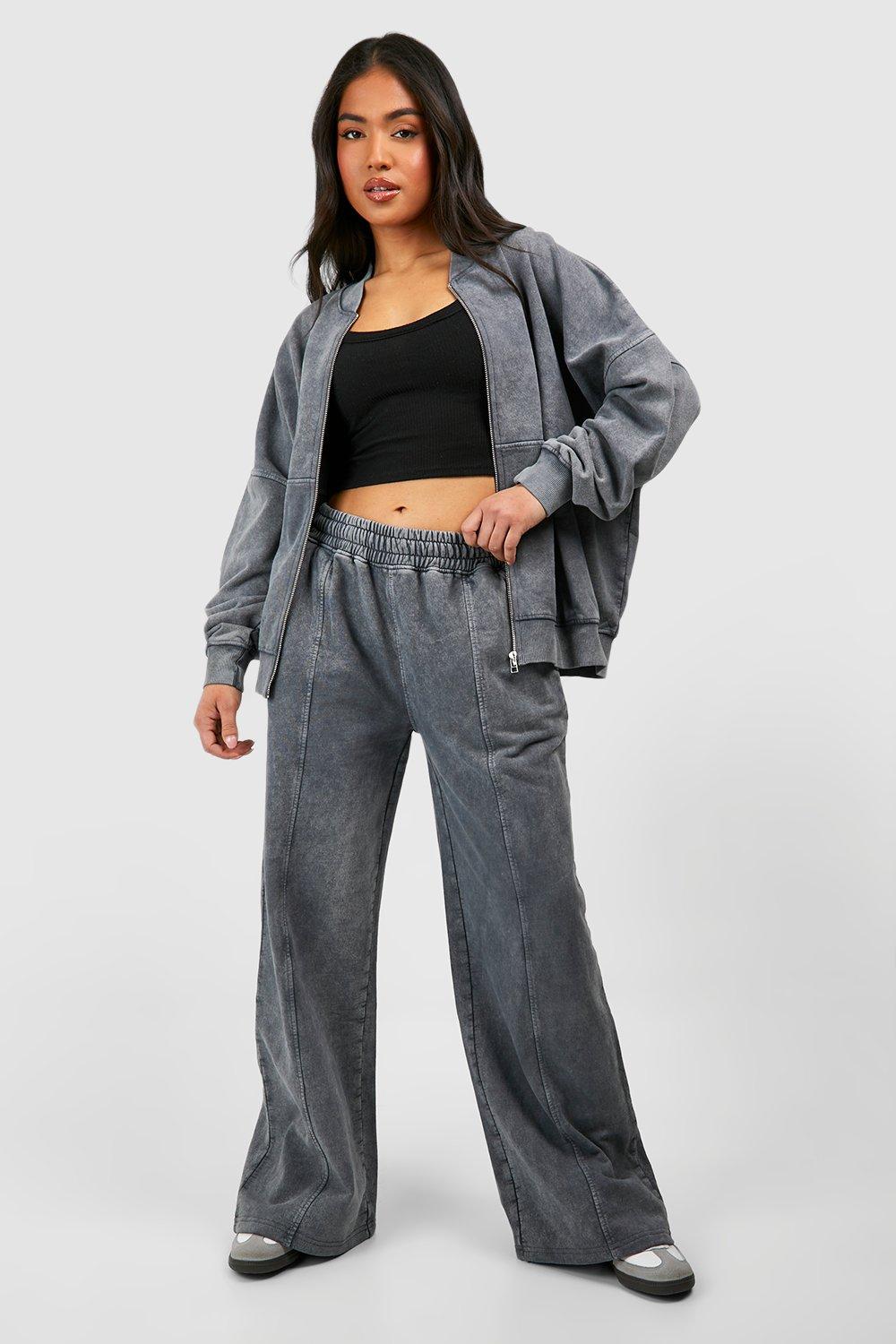 Womens Petite Washed Zip Through Bomber Straight Leg Tracksuit - Grey - M, Grey