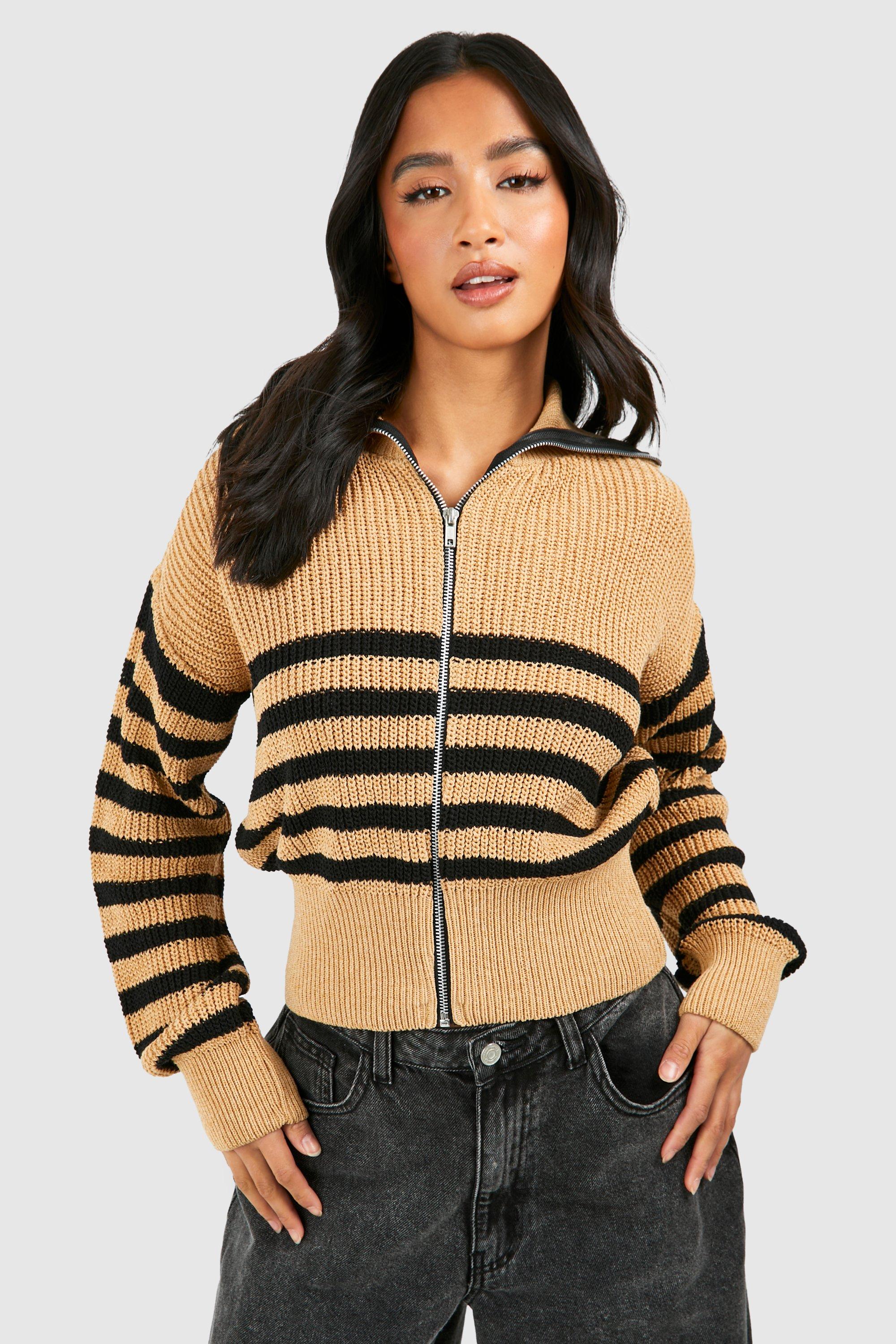 Image of Cardigan Petite a righe con zip, Beige