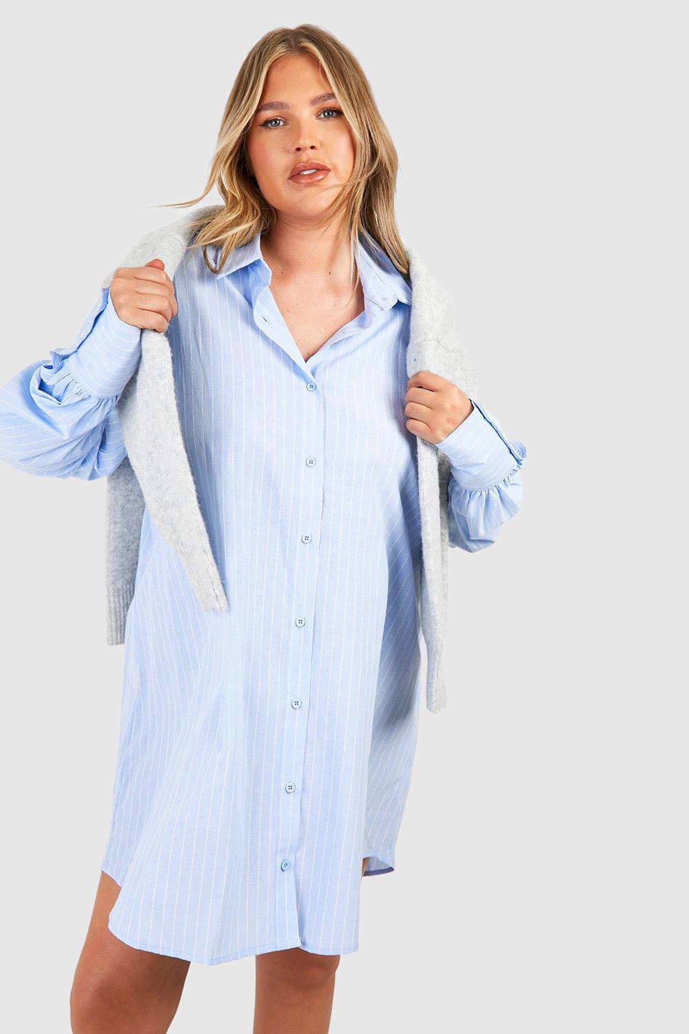 Image of Vestito camicia Plus Size a righe con maniche a palloncino, Azzurro
