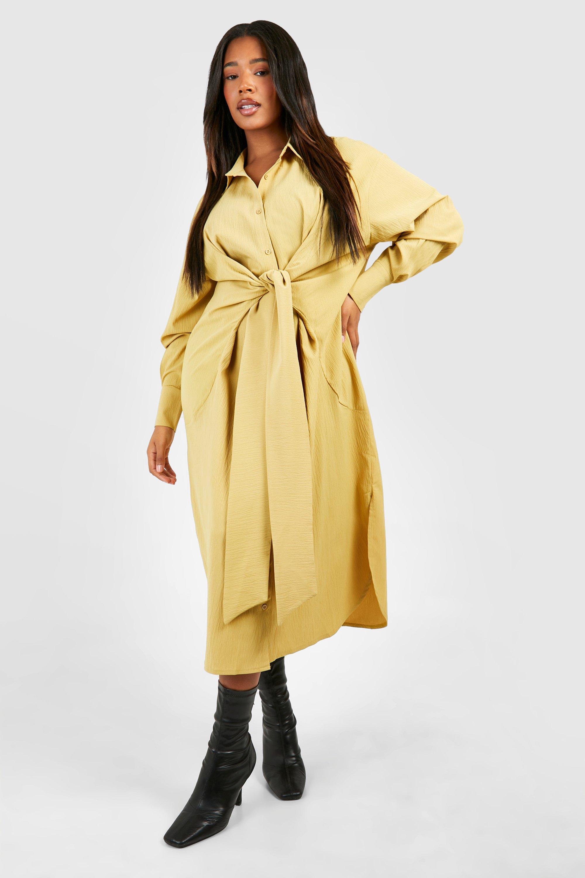 Boohoo Plus Geweven Midi Blouse Jurk Met Textuur En Strik, Olive