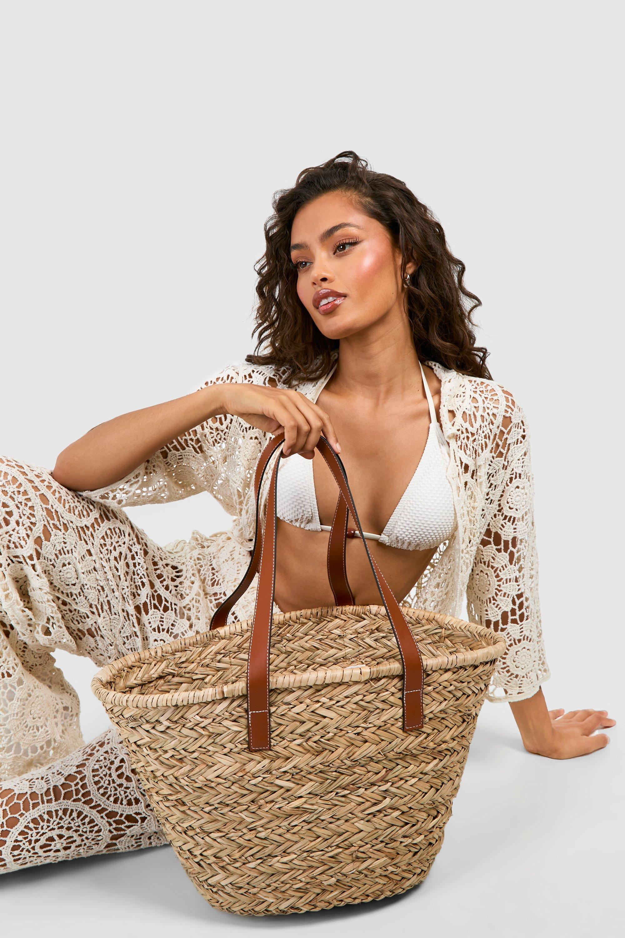 Womens Oversized Straw Beach Bag - Beige - One Size, Beige