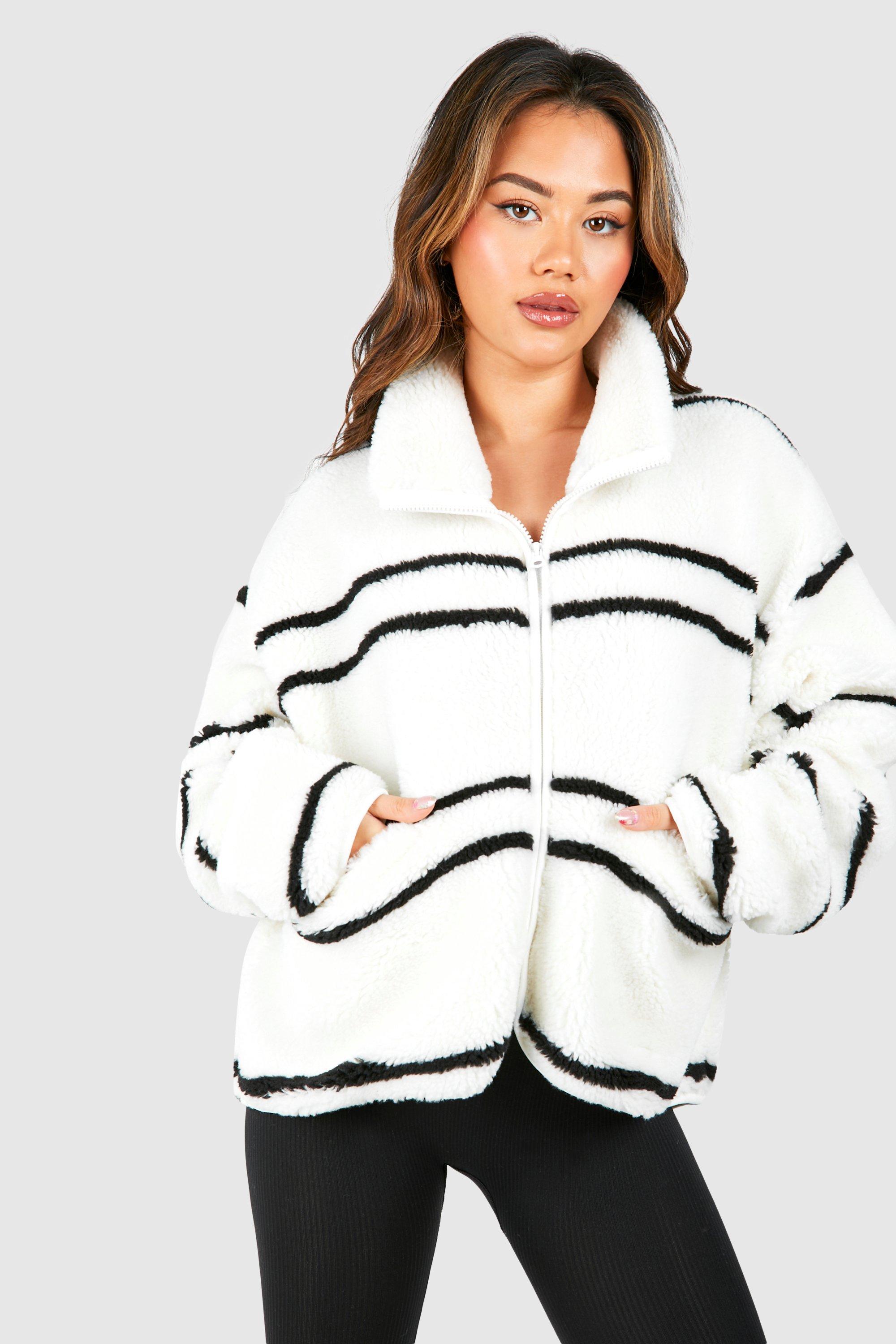 Womens Oversized Stripe Print Teddy Jacket - White - 10, White