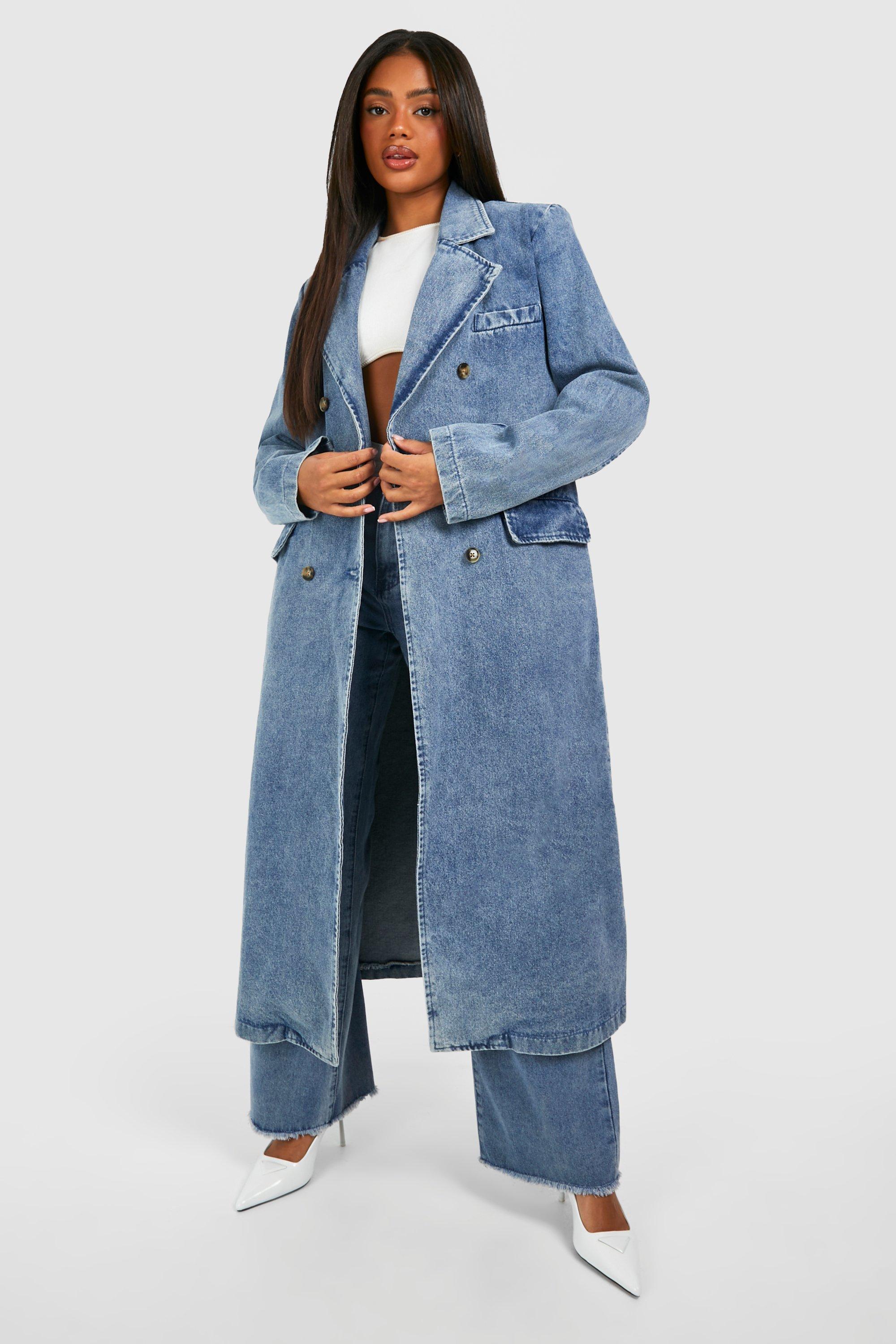 Image of Cappotto Trench a doppiopetto in denim, Azzurro