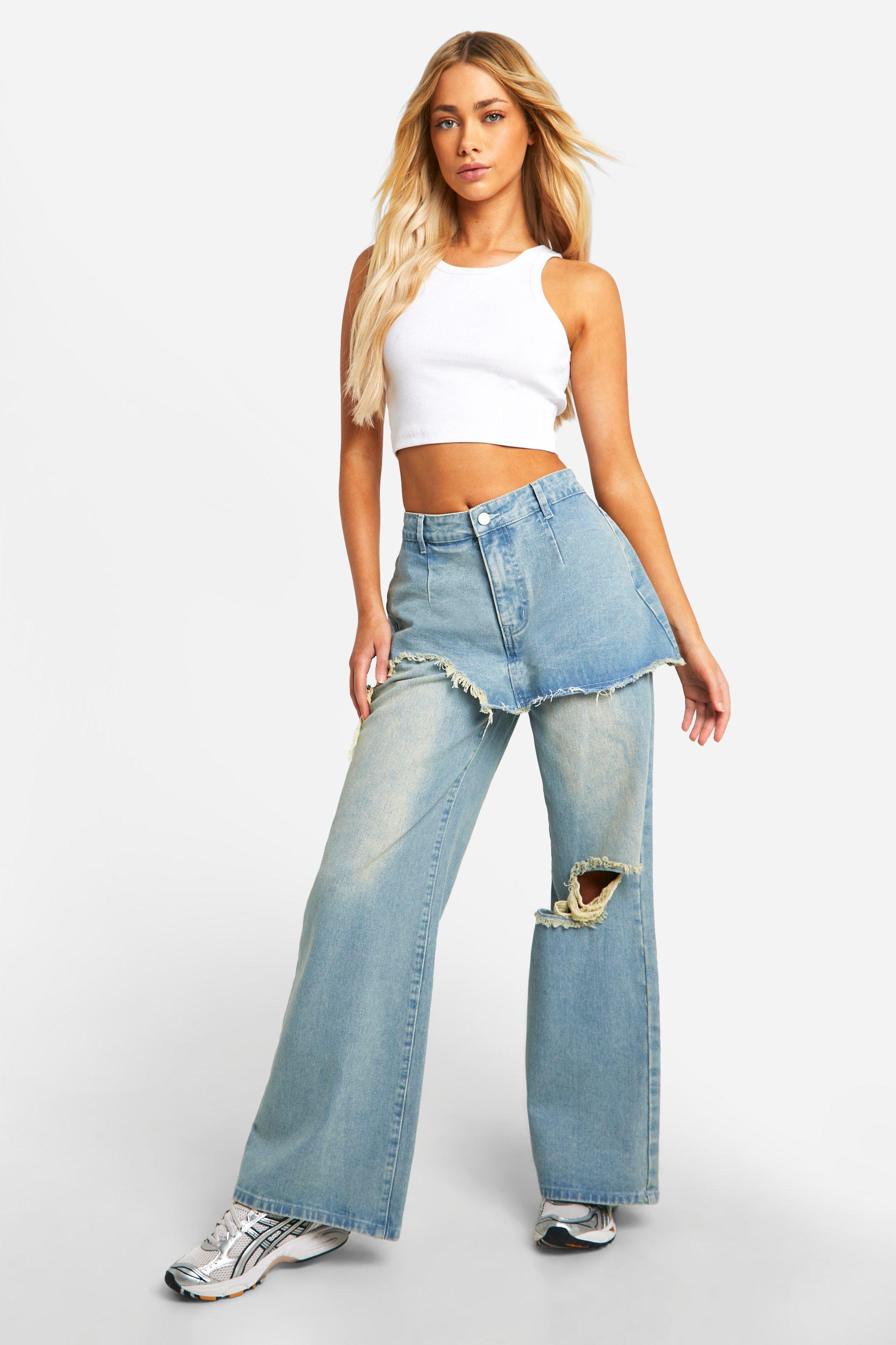 Boohoo Denim Mini Skirt Overlay 2 In 1 Jeans, Light Wash