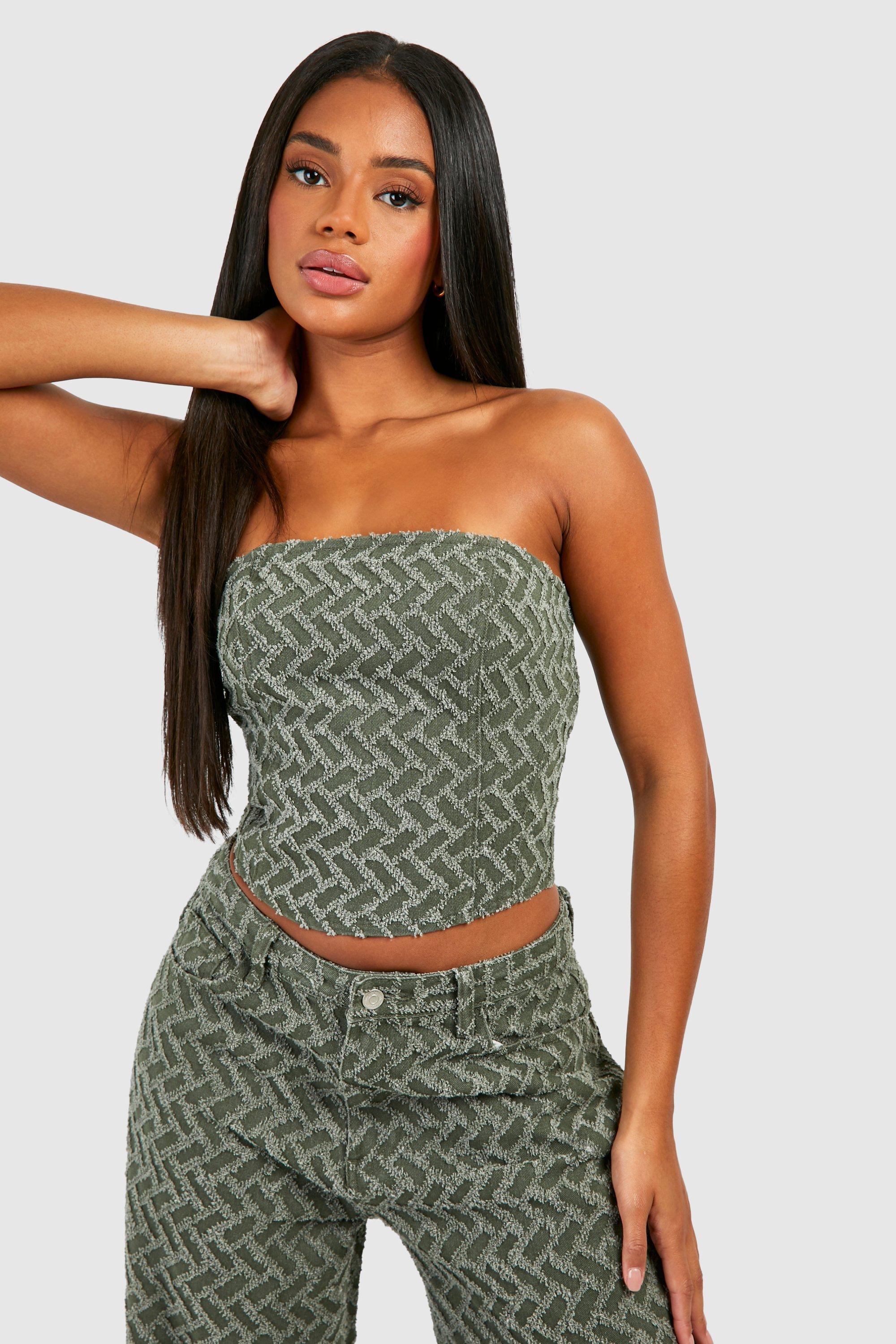 Womens Khaki Textured Denim Bandeau Top - Green - 6, Green