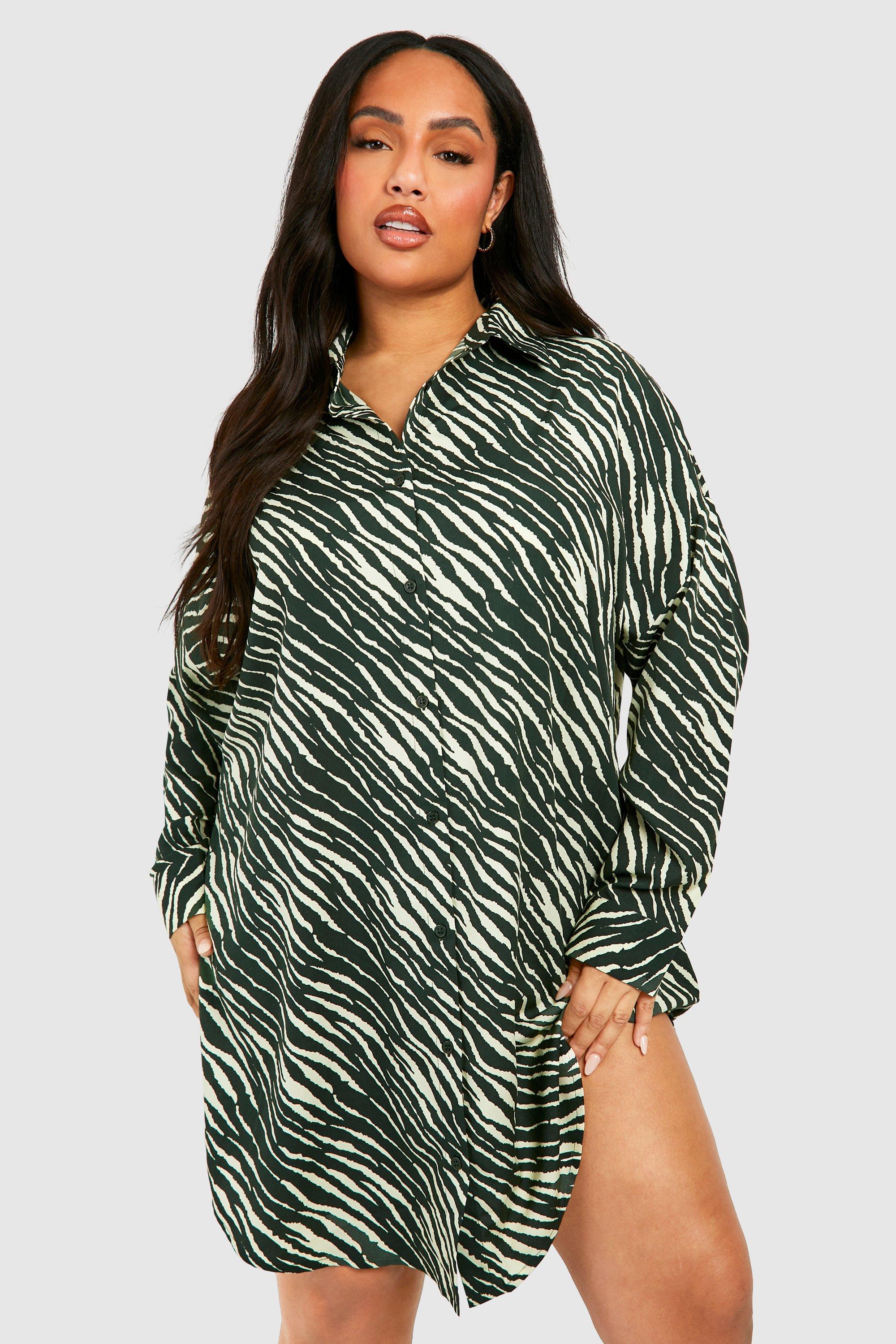 Image of Vestito camicia Plus Size con stampa zebrata, Verde