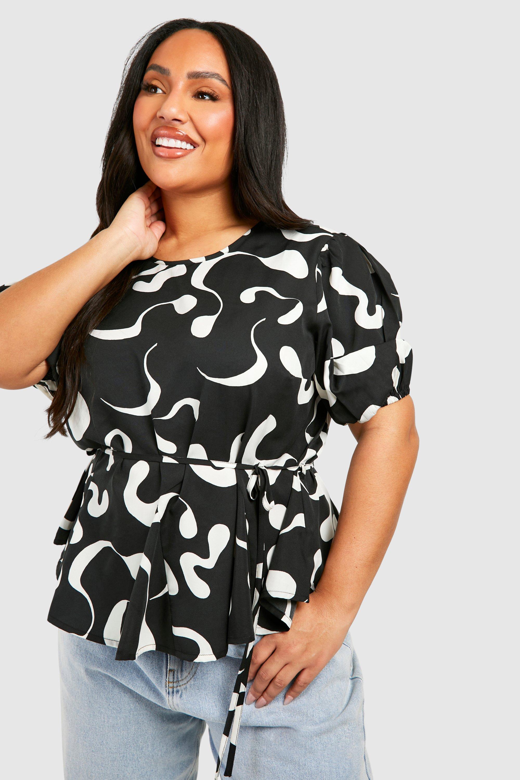 Womens Plus Abstract Puff Sleeve Smock Top - Black - 16, Black