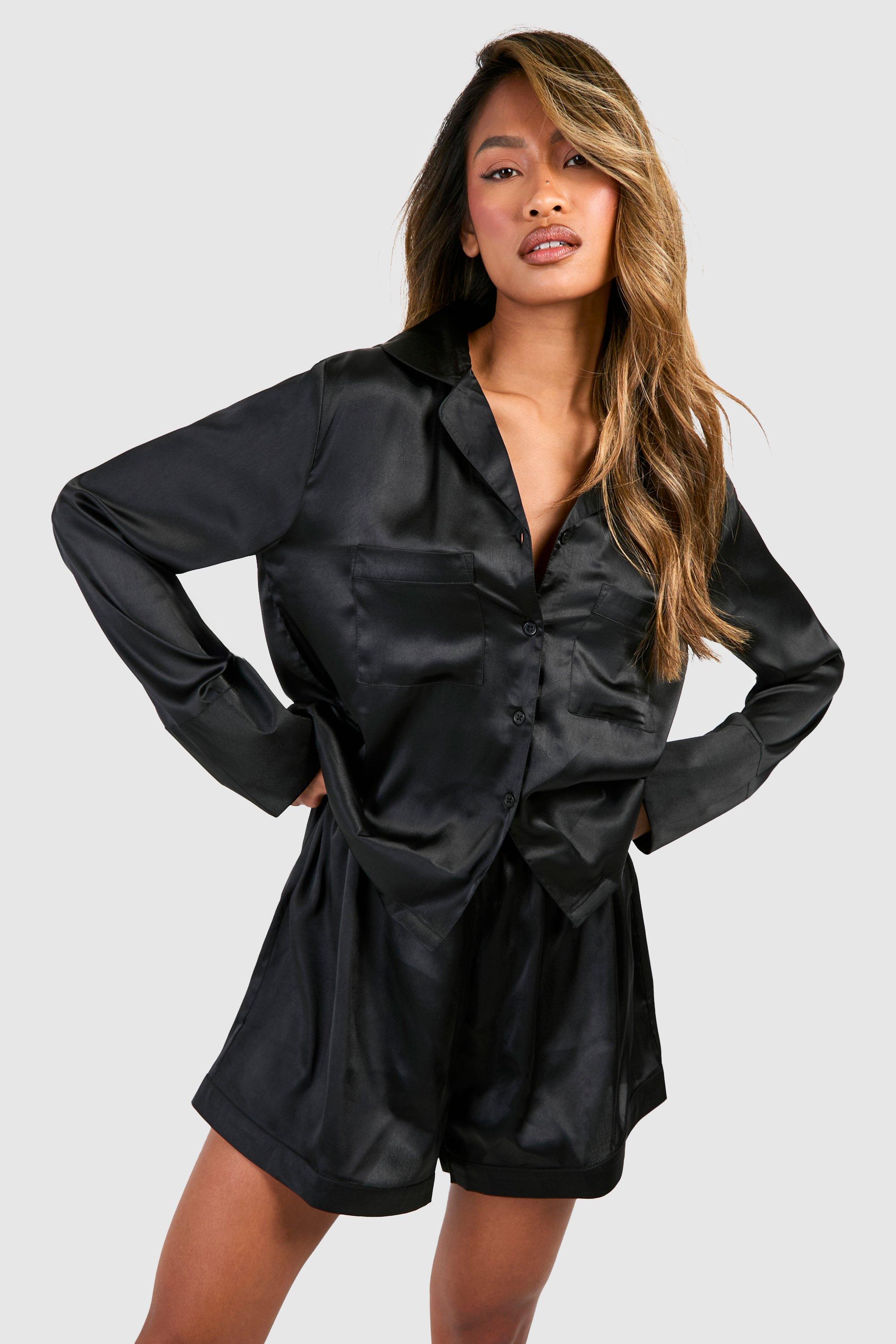 Womens Double Pocket Long Sleeve Short Pj Set - Black - 16, Black