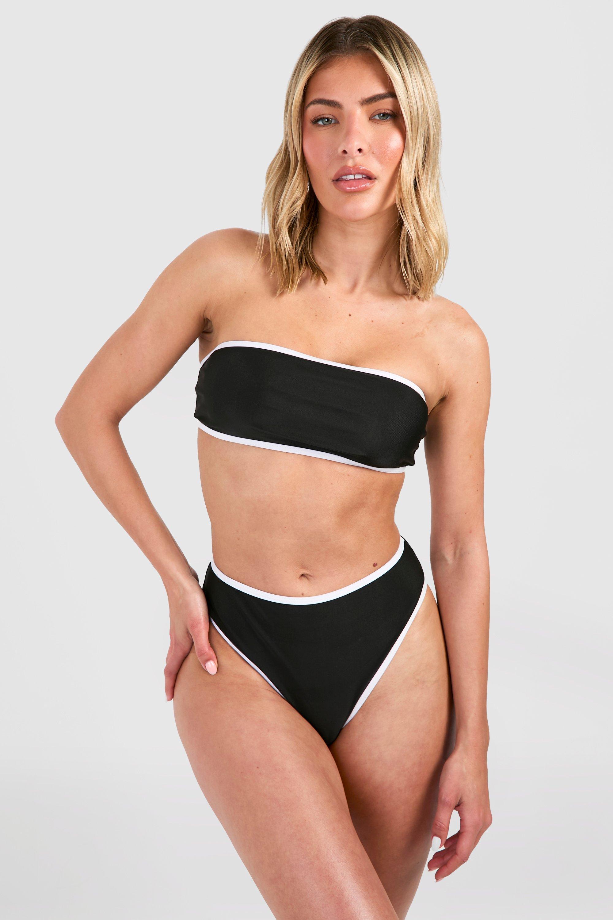 Womens Contrast Binding High Waisted Bikini Set - Black - 8, Black