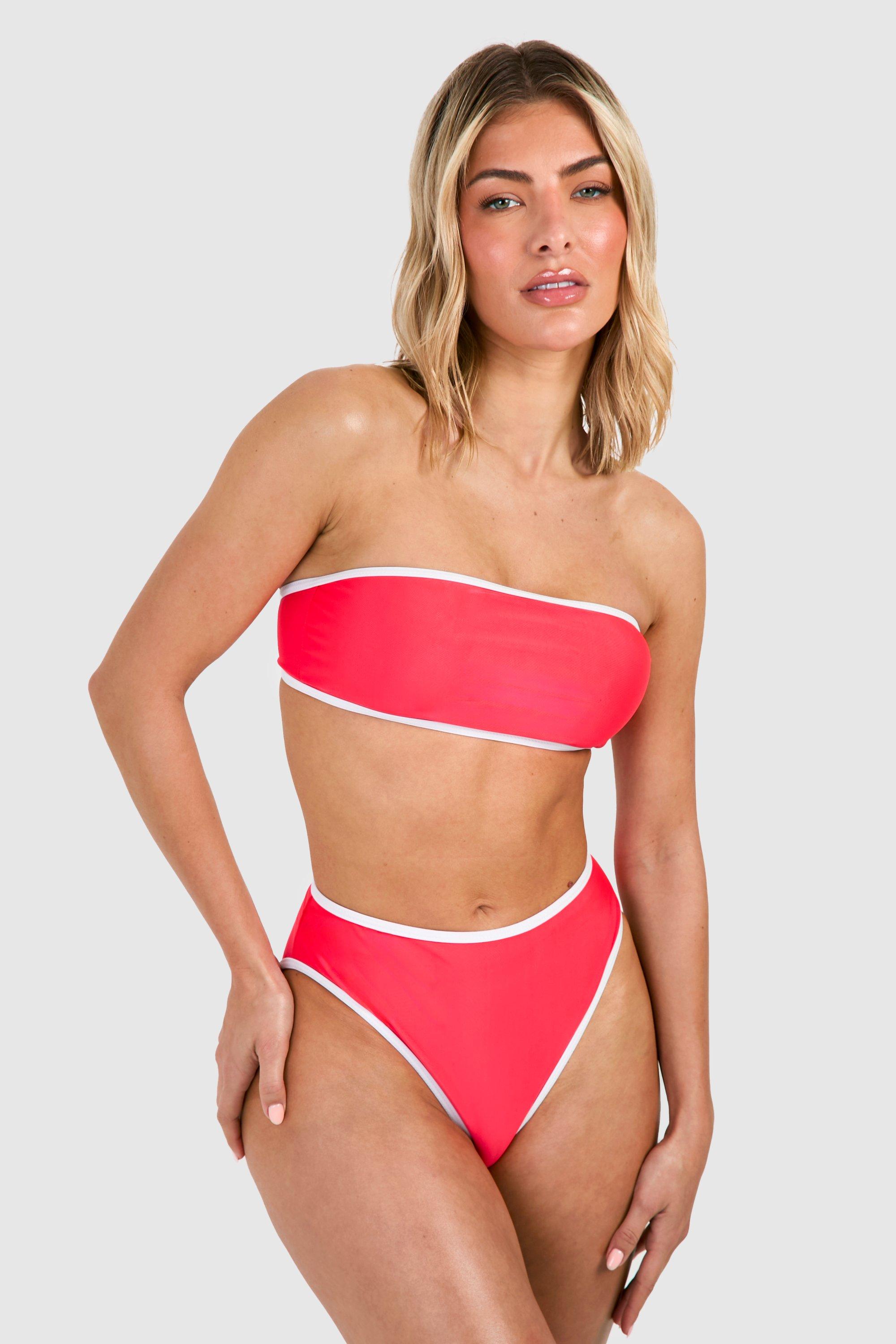 Boohoo High Waist Bikini Set Met Contrasterende Naden, Red