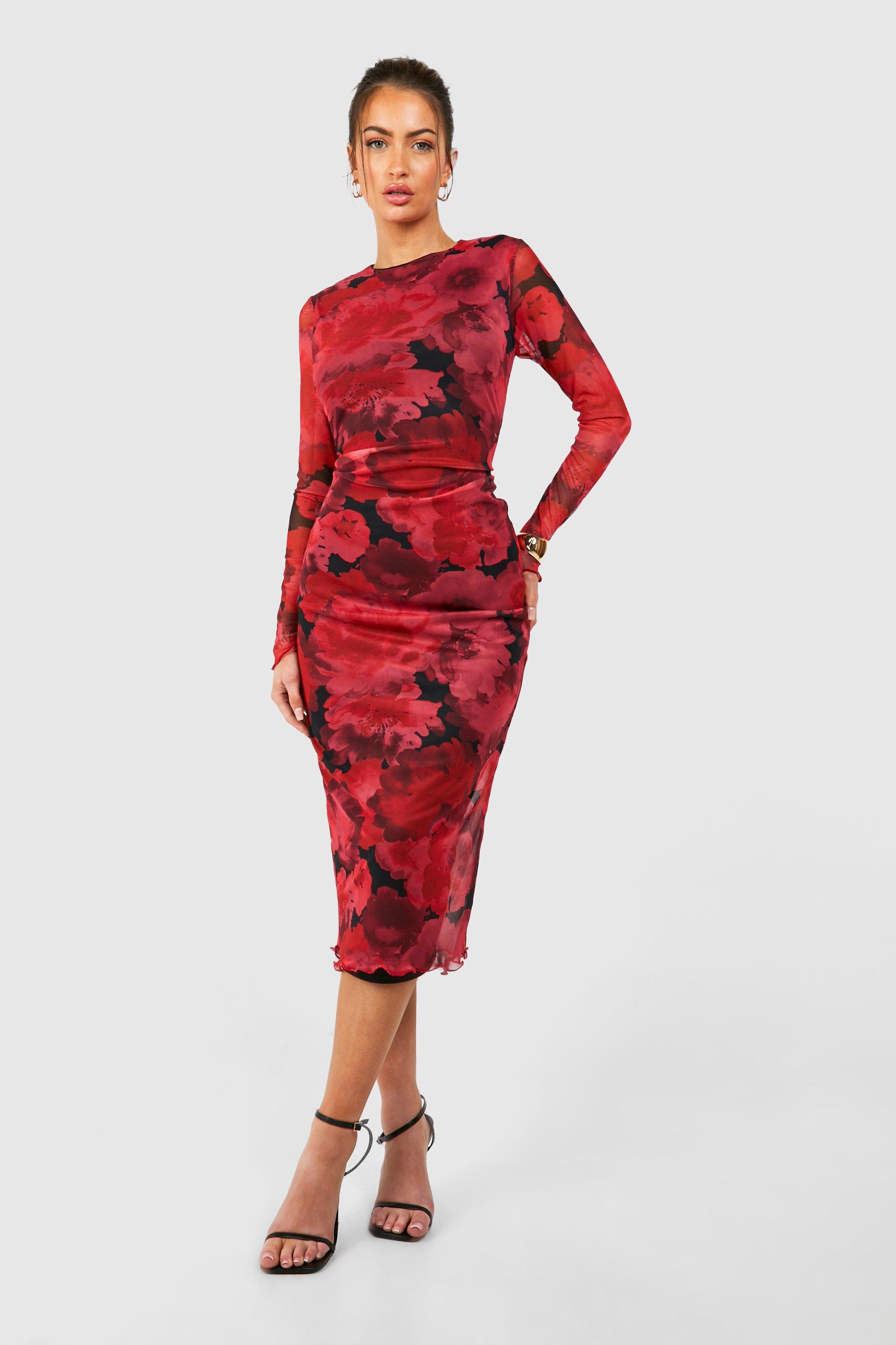 Image of Vestito longuette a maniche lunghe in rete con stampa a fiori, Rosso