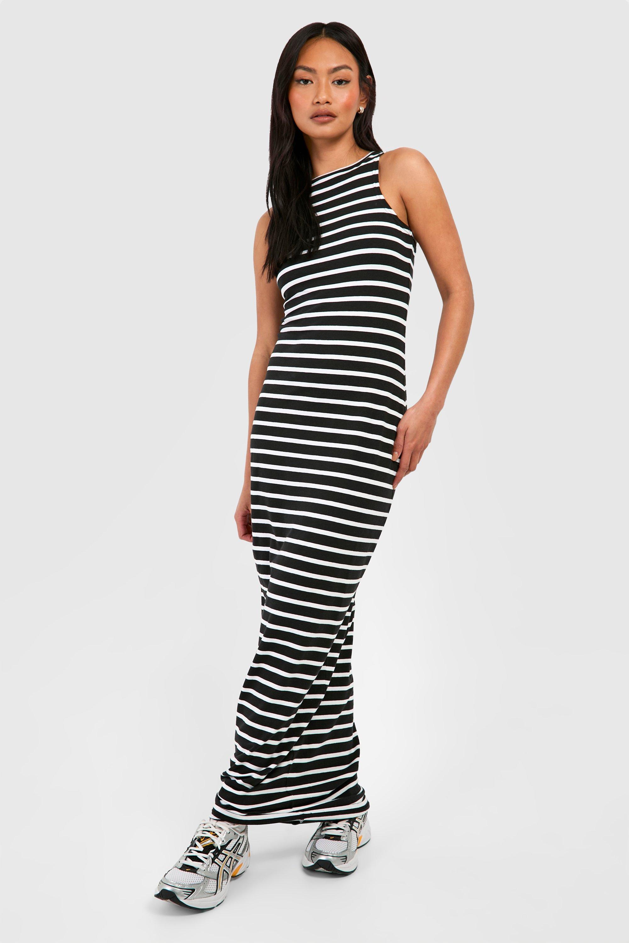 Womens Premium Super Soft Racer Neck Stripe Bodycon Maxi Dress - Black - 18, Black