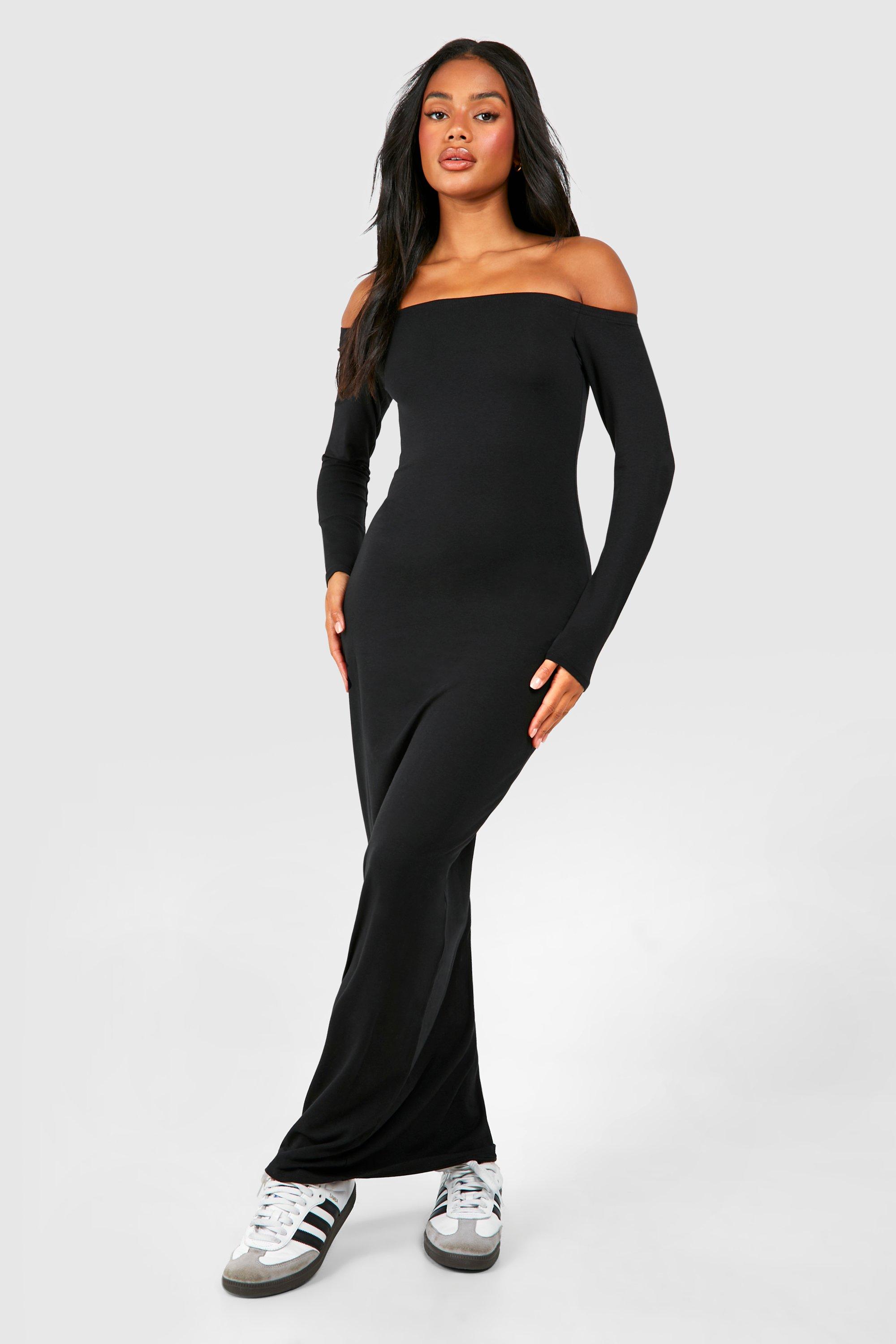 Womens Premium Super Soft Bardot Bodycon Maxi Dress - Black - 14, Black