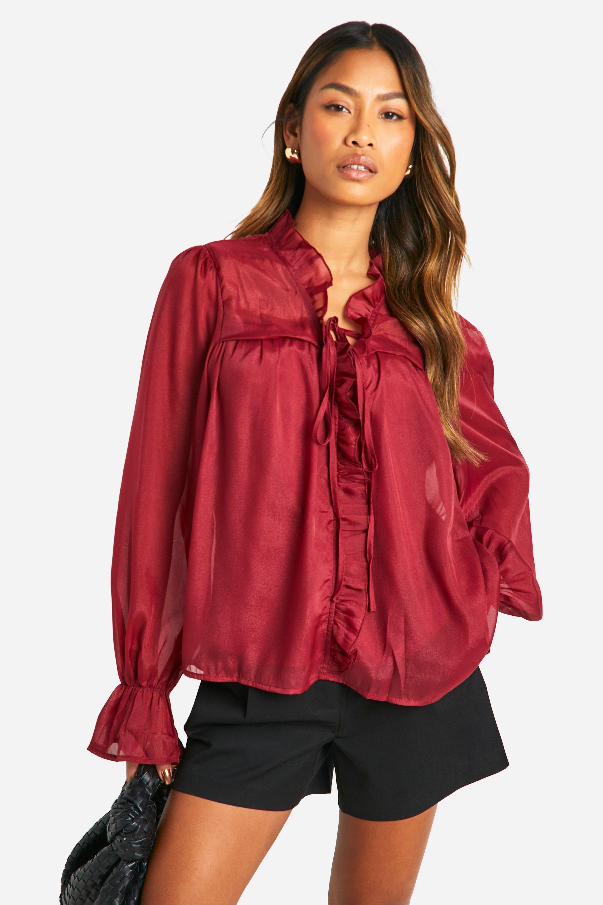 Image of Organza Balloon Sleeve Blouse, Rosso