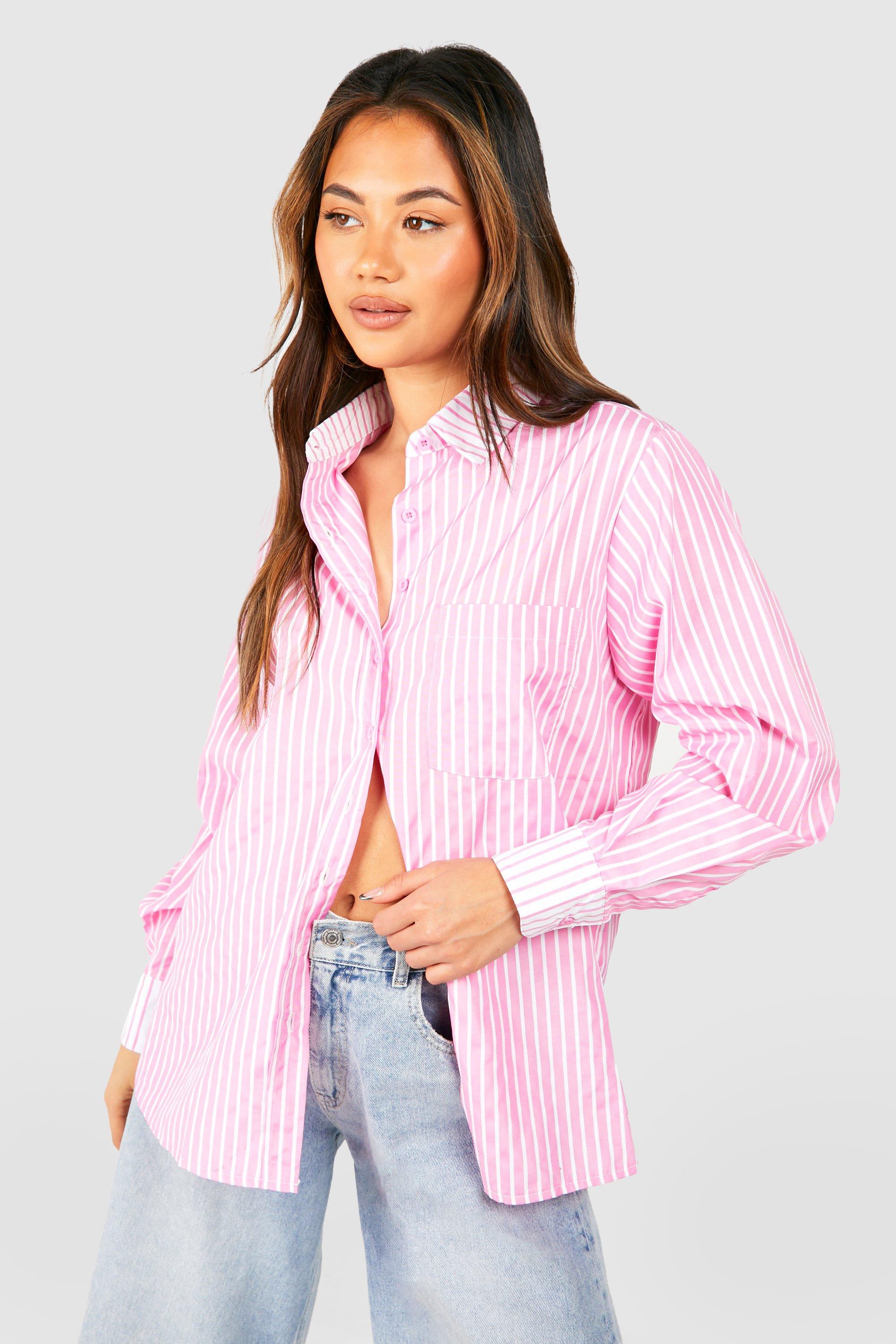 Image of Camicia oversize a righe a contrasto, Pink
