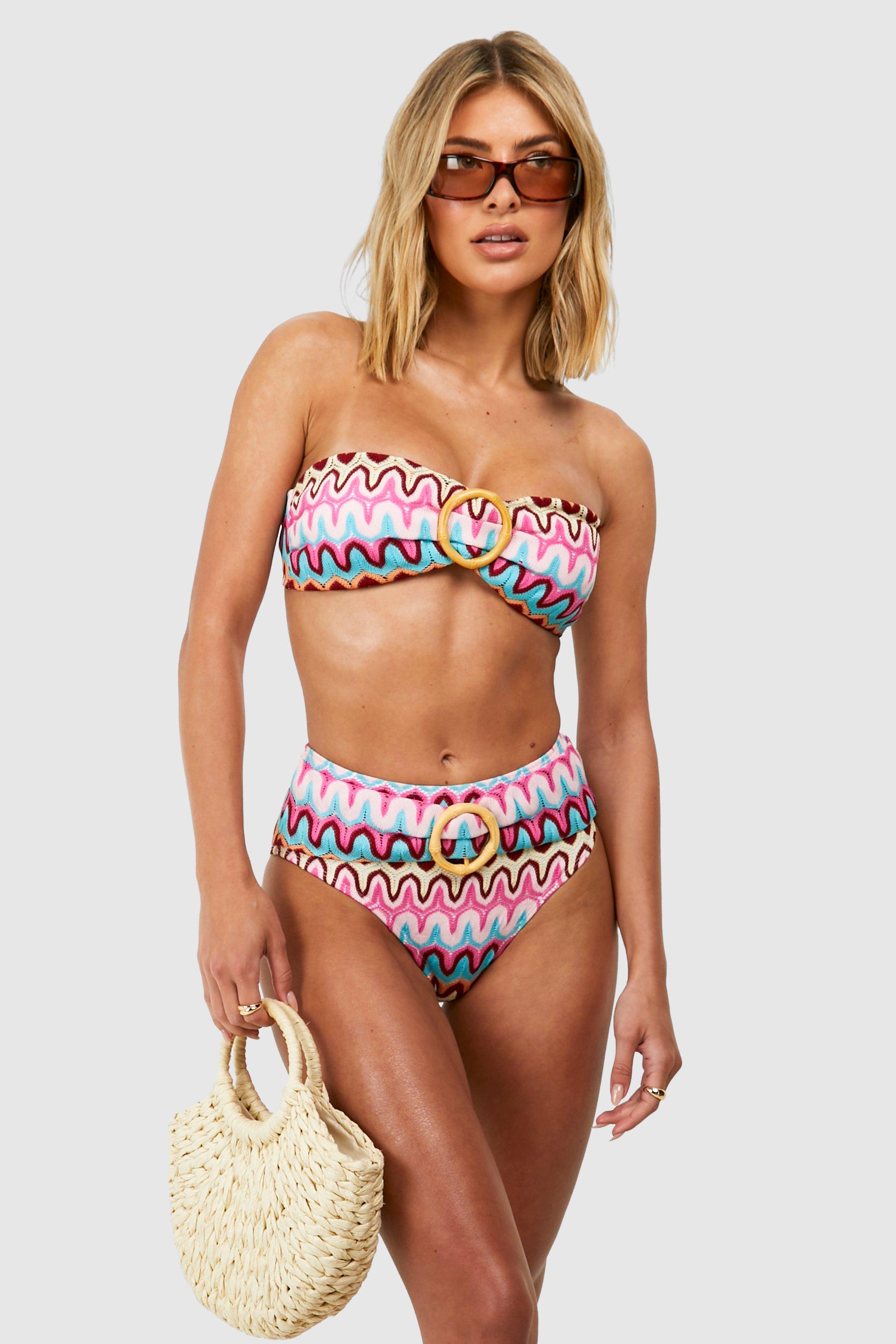 Image of Zig Zag Knit Belted High Waisted Bikini Brief, Pink