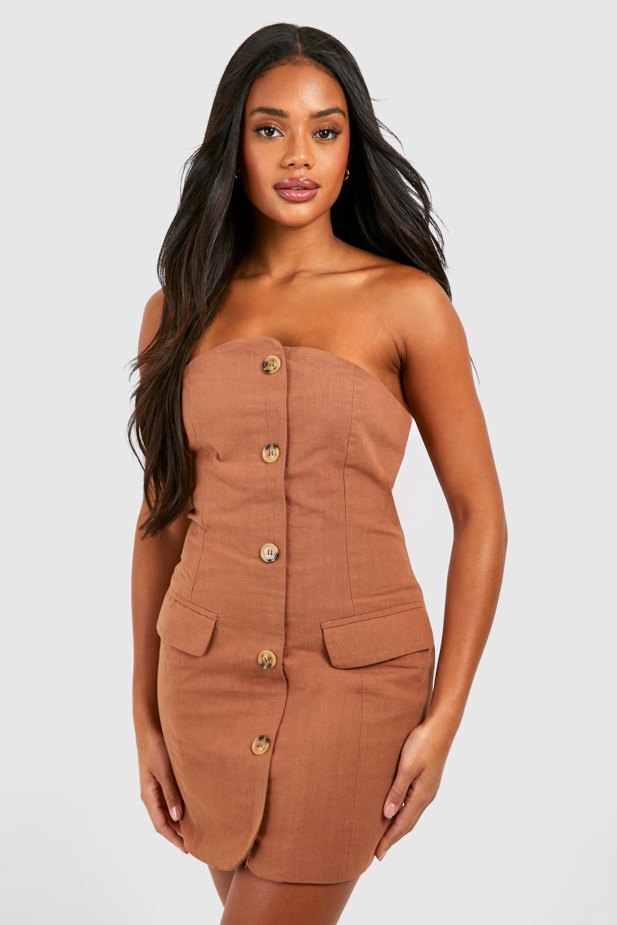 Womens Linen Look Bandeau Blazer Dress - Brown - 14, Brown