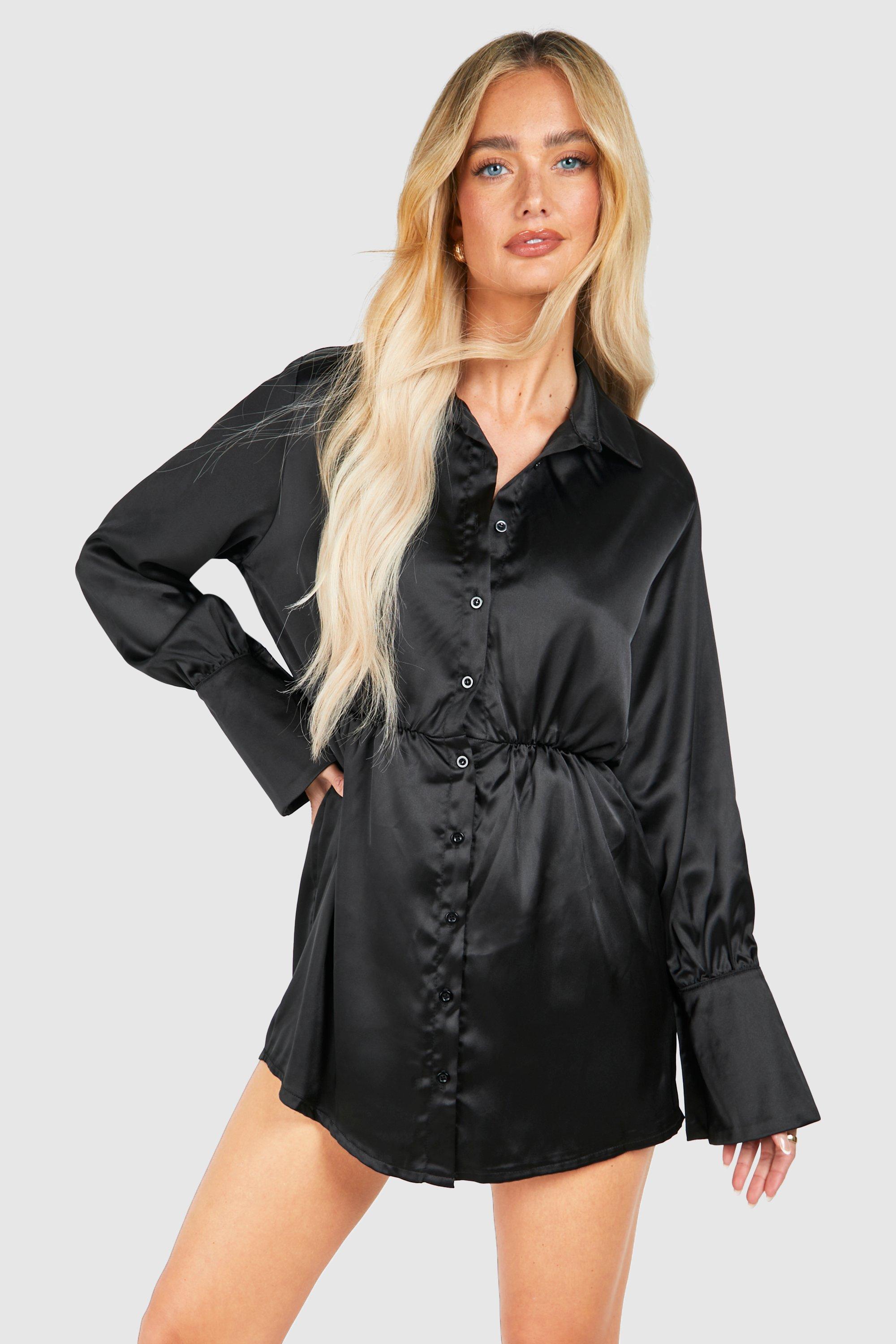 Boohoo Satijnen Mini Blouse Jurk Met Schouderpads, Black