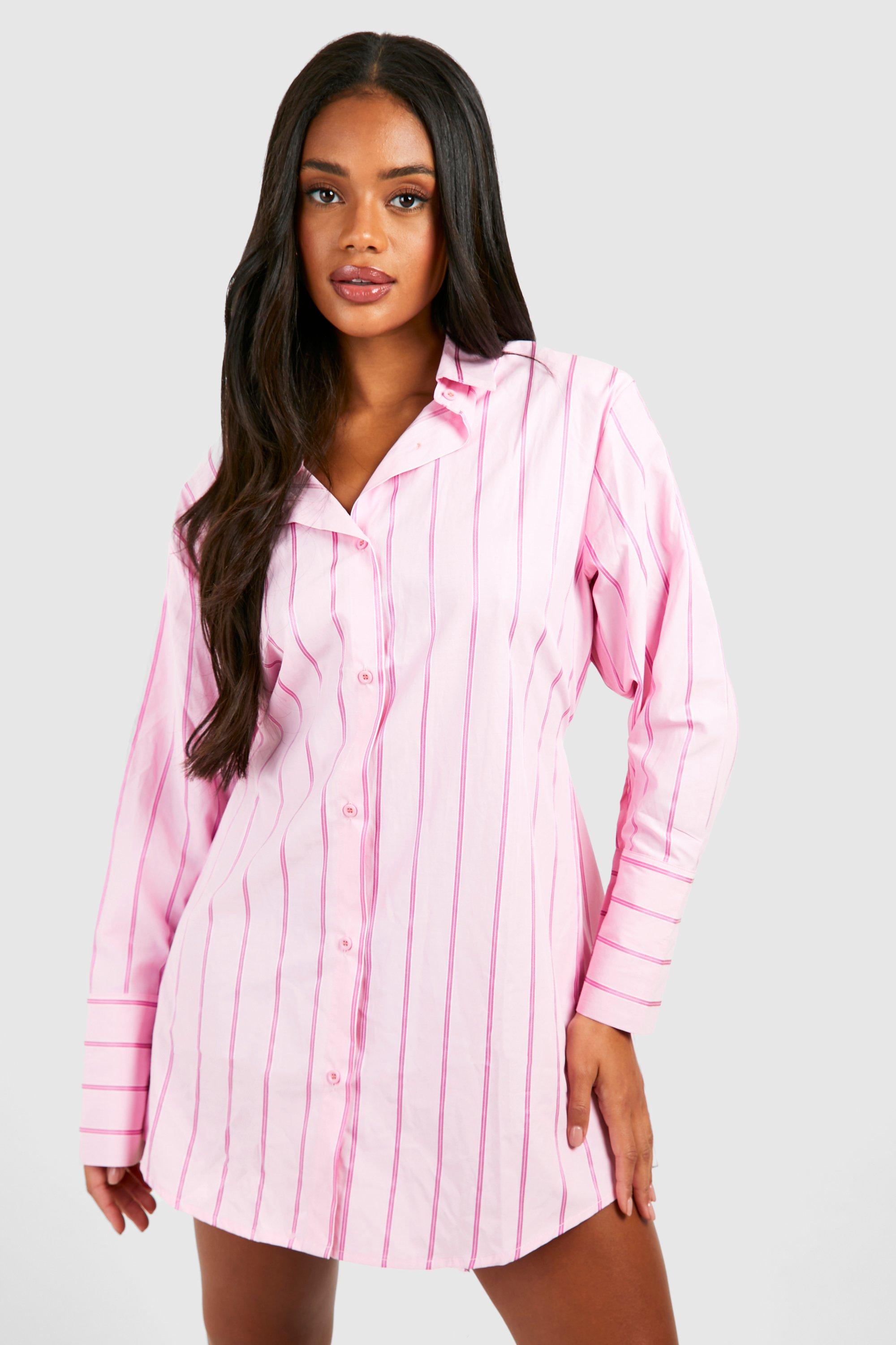 Image of Vestito camicia a righe con coulisse in vita, Pink