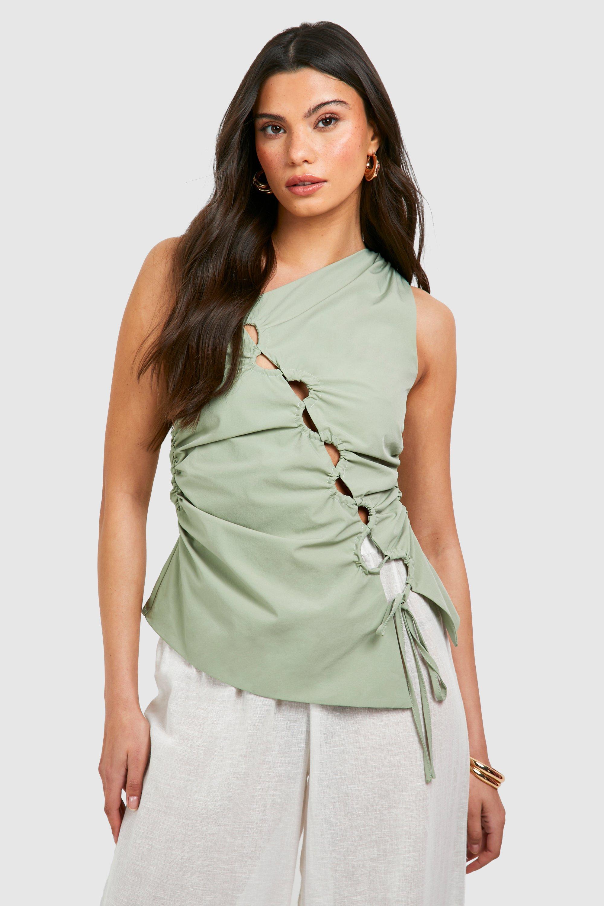 Boohoo Ruched Cut Out Detail Top, Sage