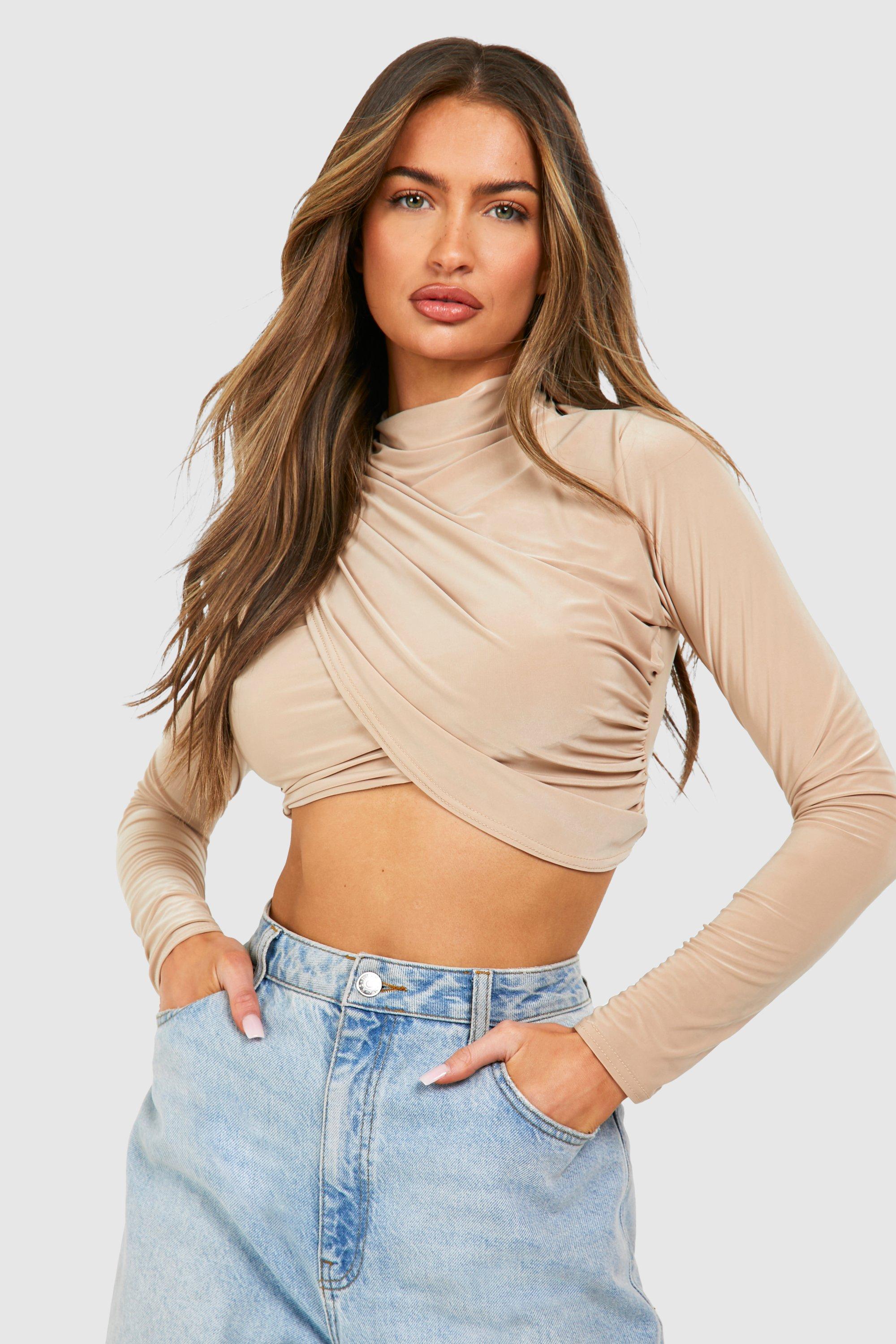 Boohoo Gedrapeerde Crop Top, Stone