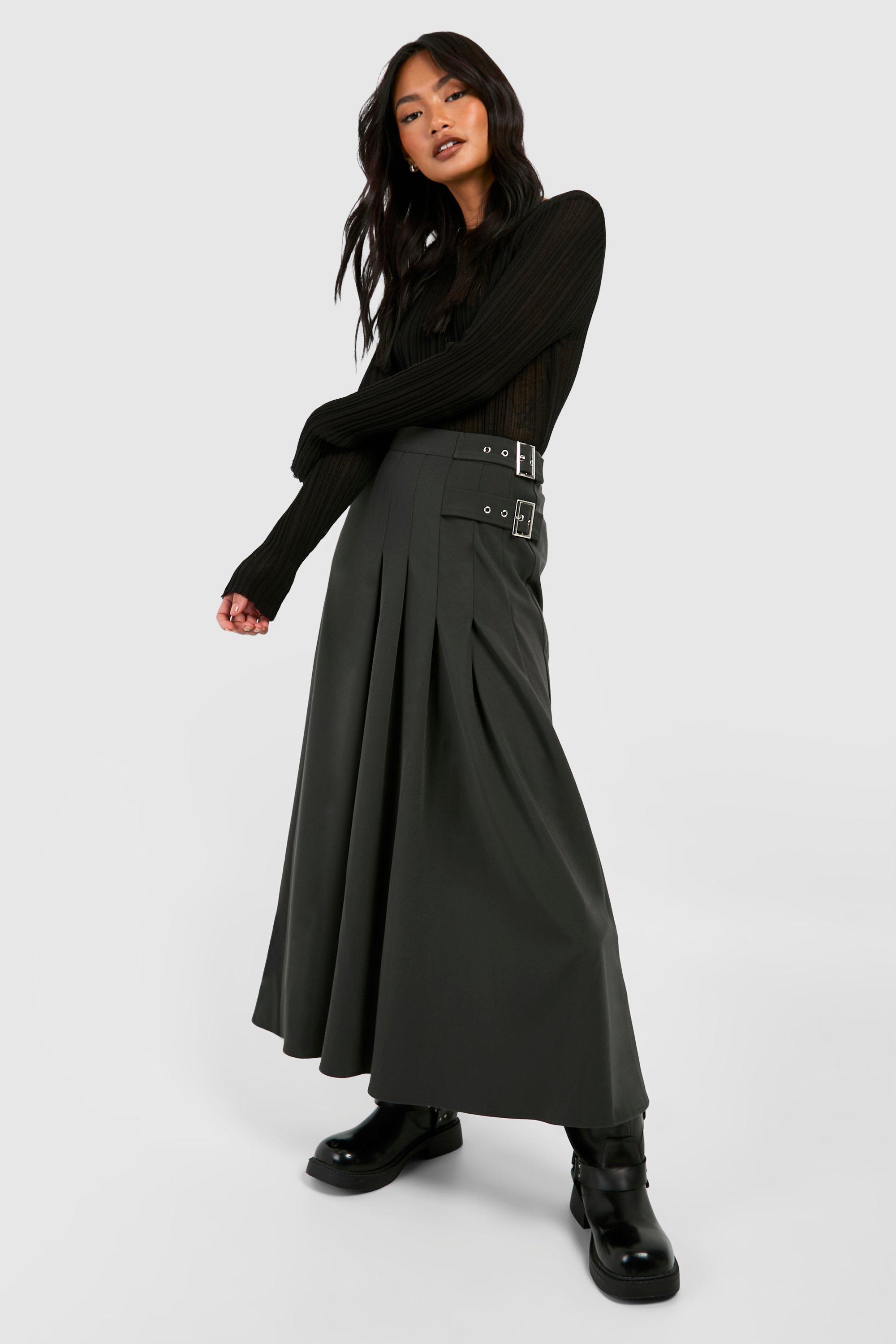 Boohoo Midi Kilt Rok Met Riem Detail, Charcoal