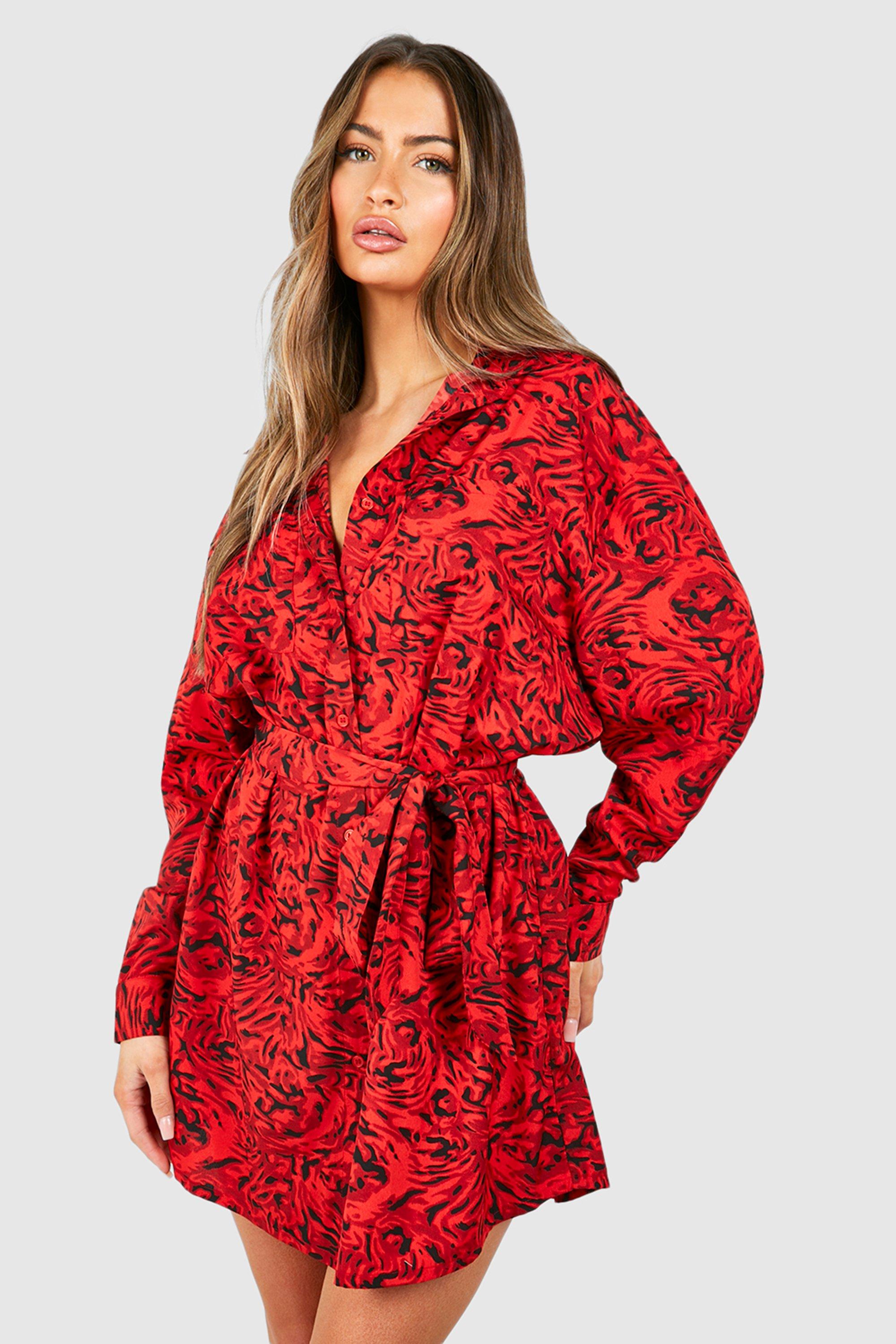 Image of Vestito camicia a fiori con cintura e maniche ad ala di pipistrello, Rosso