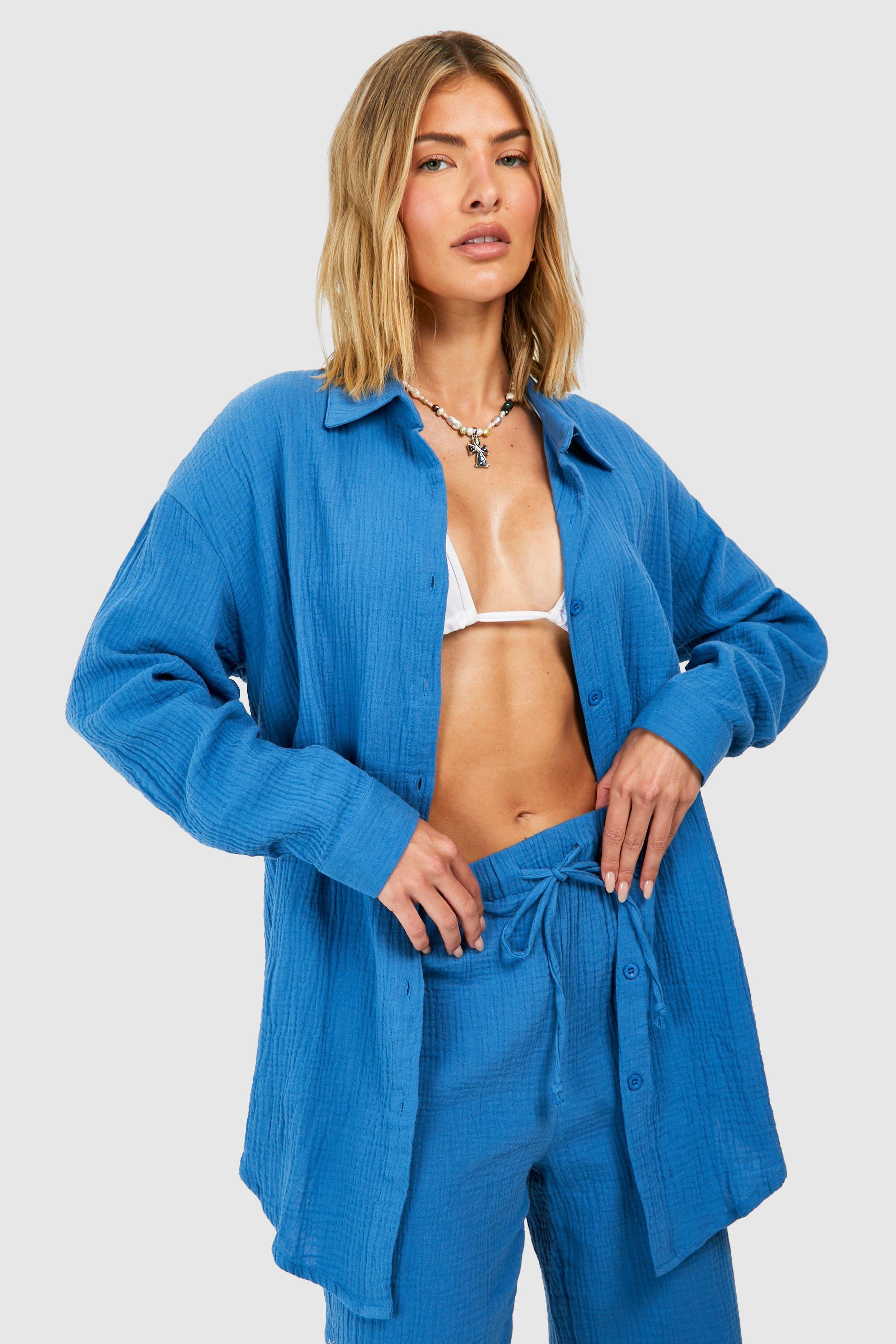 Image of Camicia da mare oversize in cotone a effetto goffrato, Azzurro